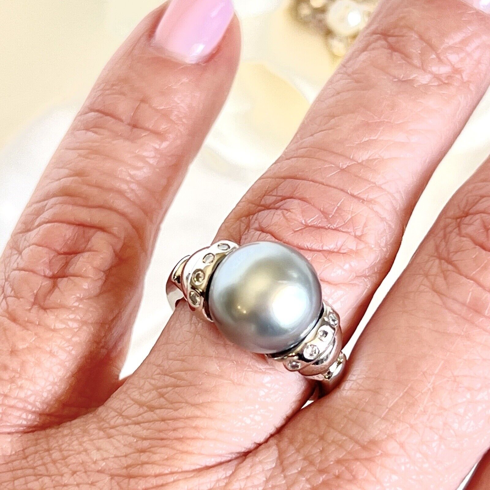 Top-Quality Tahitian Gray Pearl & Diamond Solid 14k White Gold Ring, New Sz. 7.5