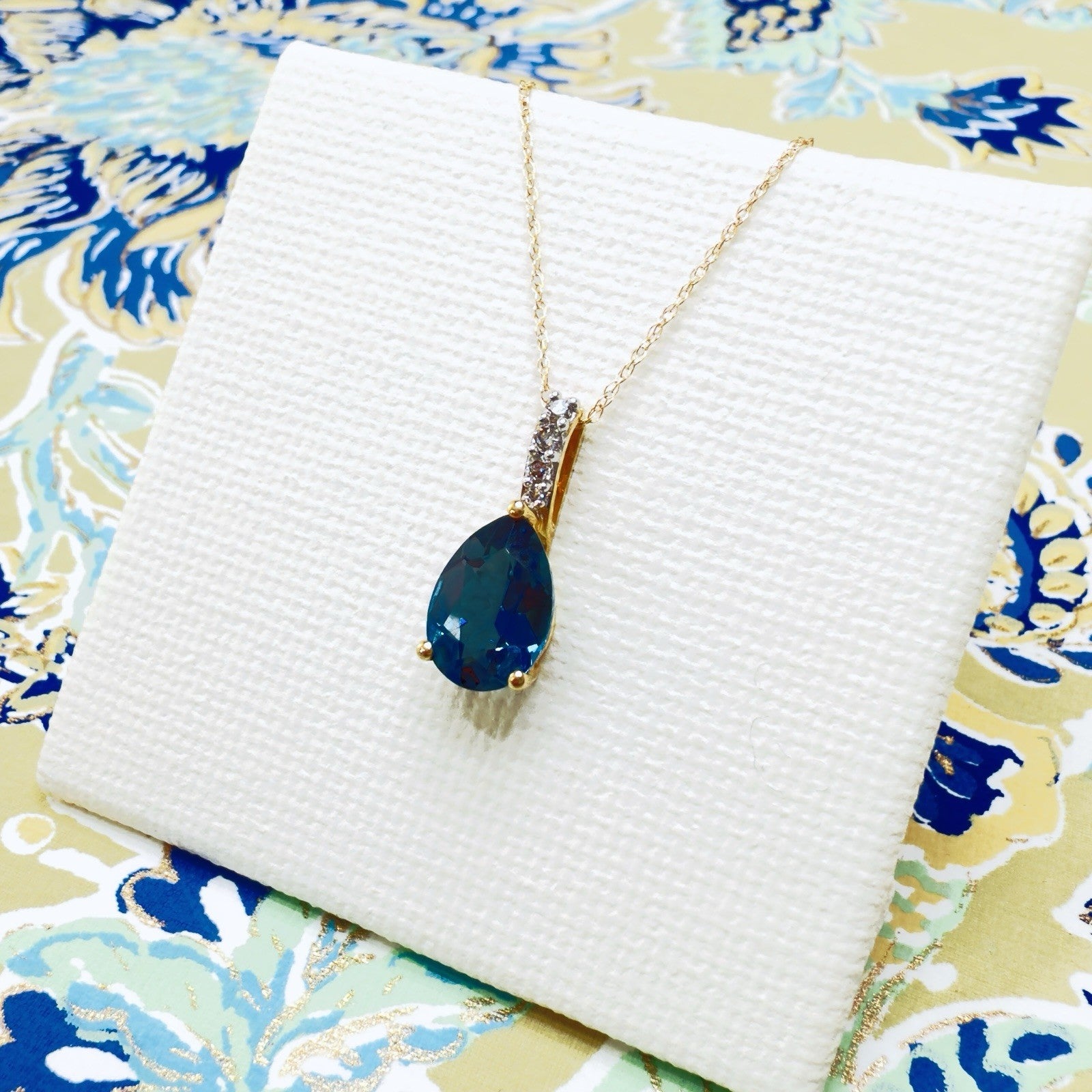 14k Yellow Gold Genuine London Blue Topaz & Diamond Pendant/Necklace, 18"