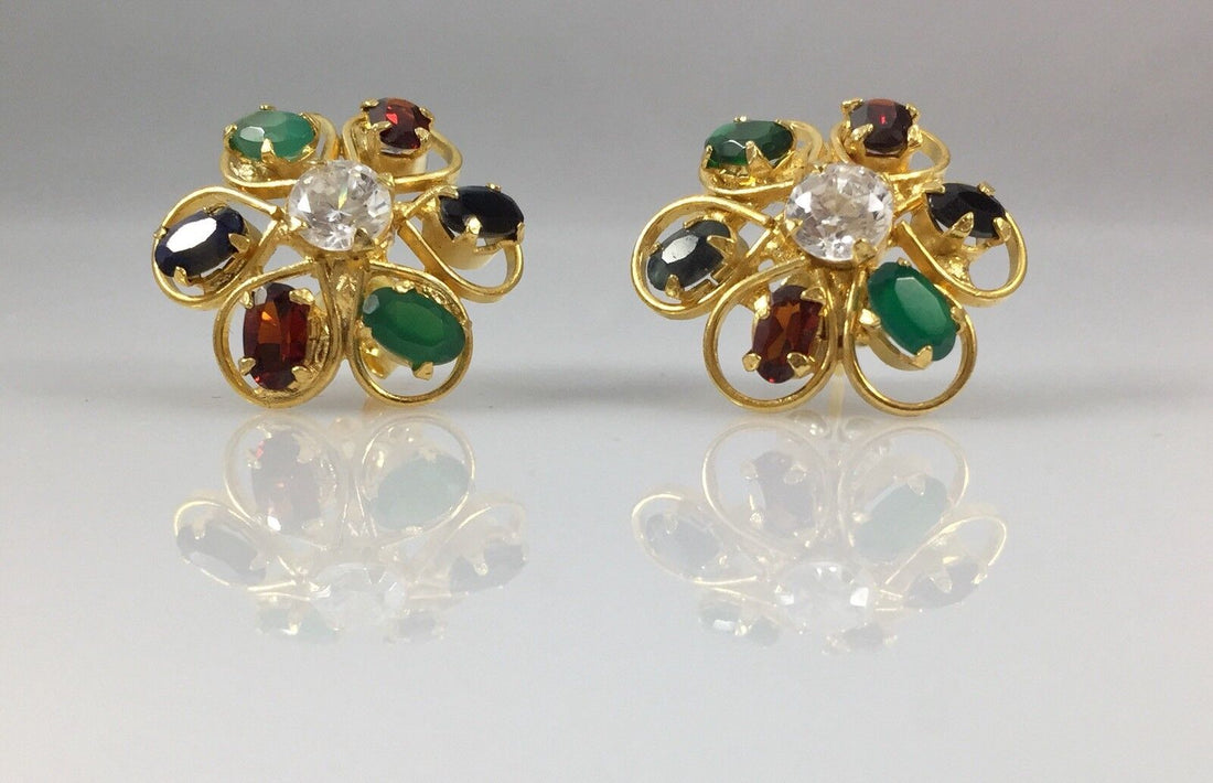 Genuine Multi-Gemstone Rosette Stud Earrings 18kt Yellow Gold Overlay, 3/4" New