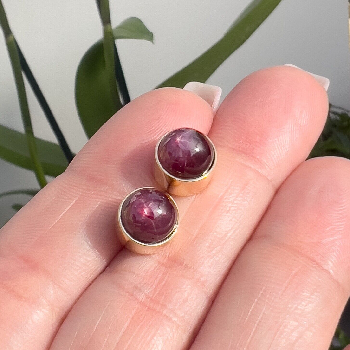 Genuine Star Ruby Solid 14k Yellow Gold Stud Earrings, Newly Handcrafted