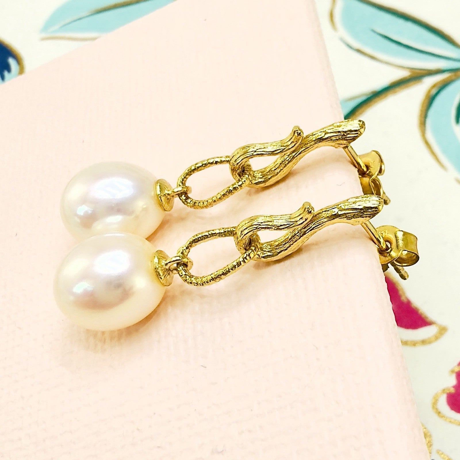 14k Yellow Gold Genuine Pearl Dangle Modernist Earrings, New