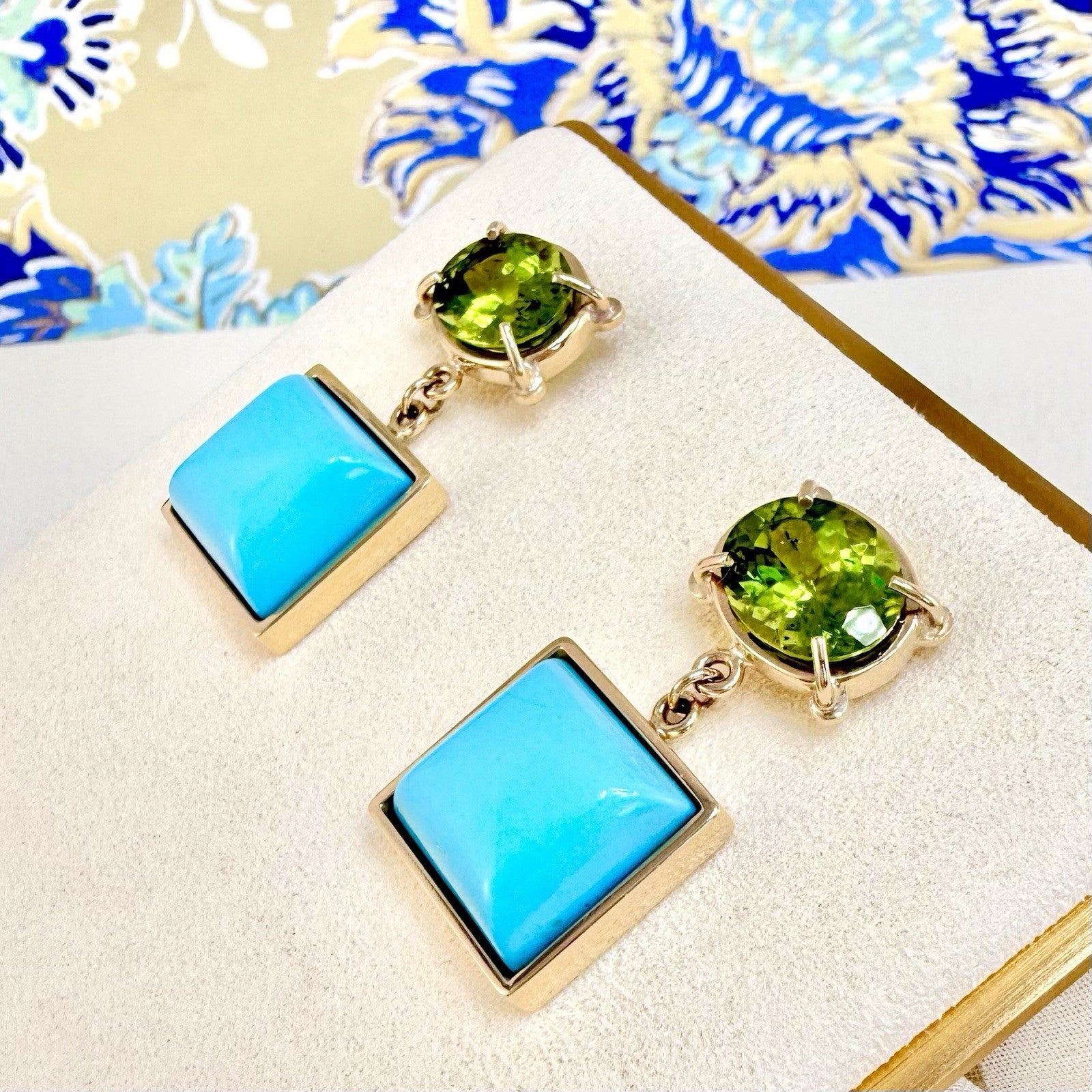 14k Yellow Gold Genuine Peridot & American Turquoise Statement Earrings, New