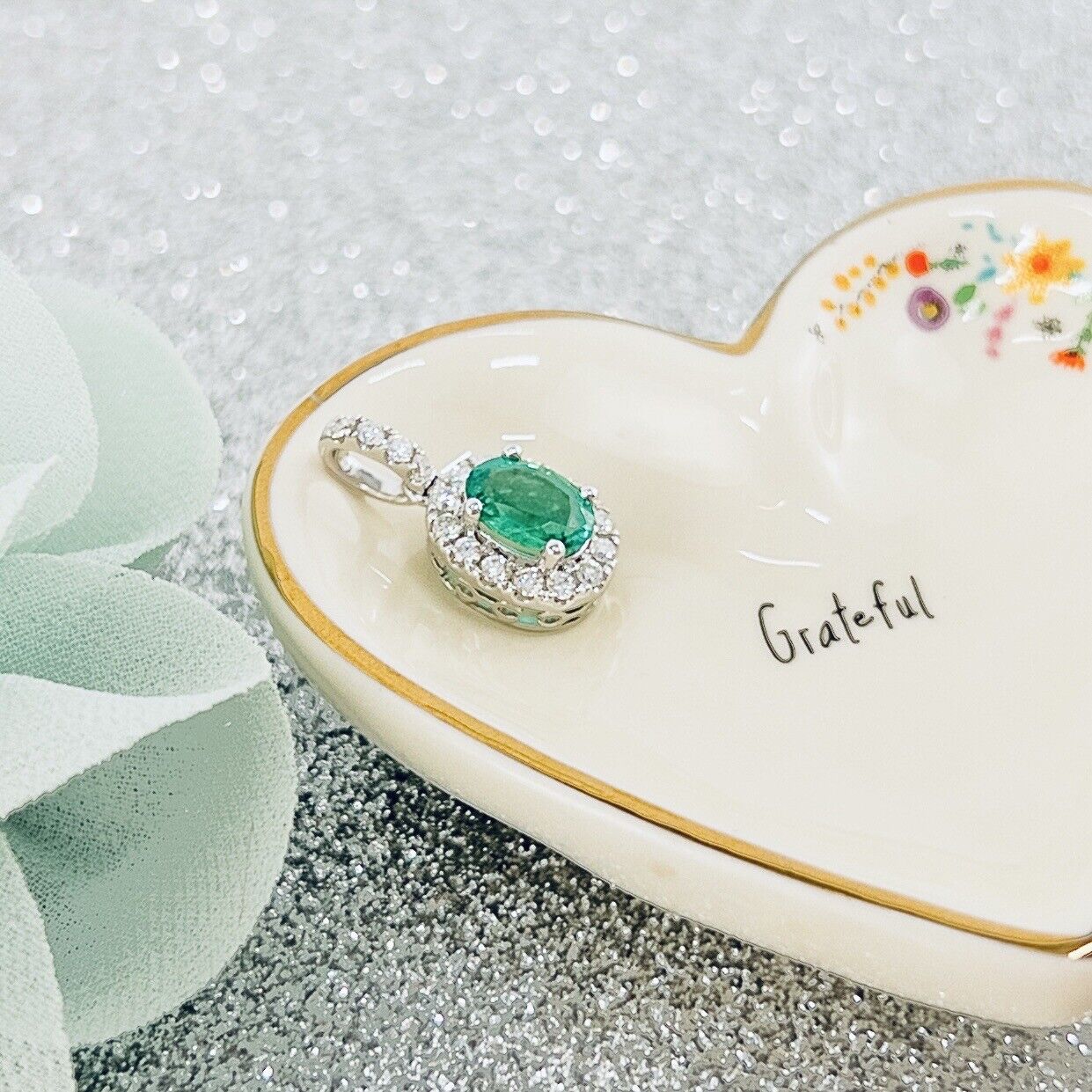 Solid 14k White Gold Genuine Colombian Emerald & Diamond Oval Pendant, New