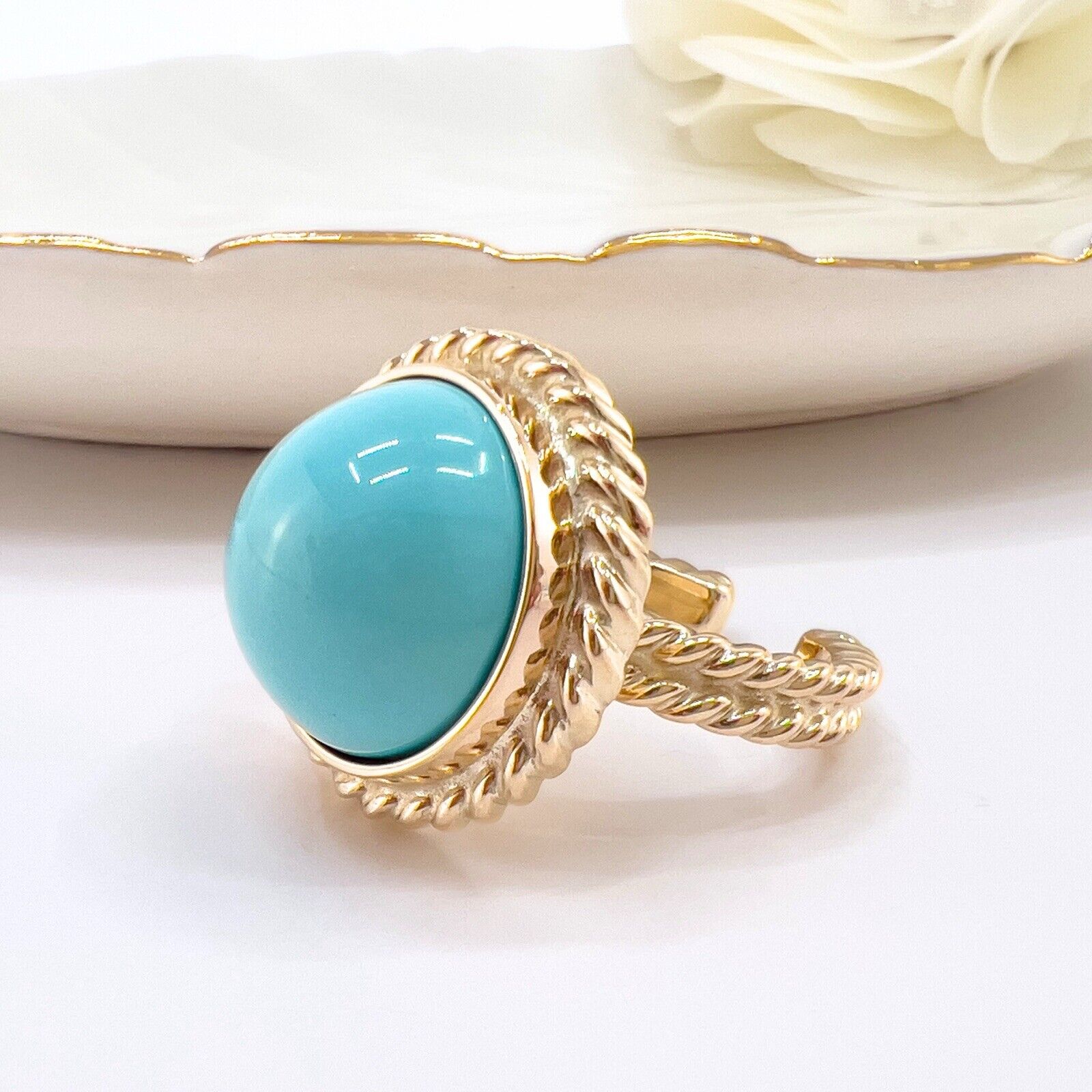 14k Yellow Gold Persian Turquoise (15mm) Handcrafted Ring, New, Size 6.75