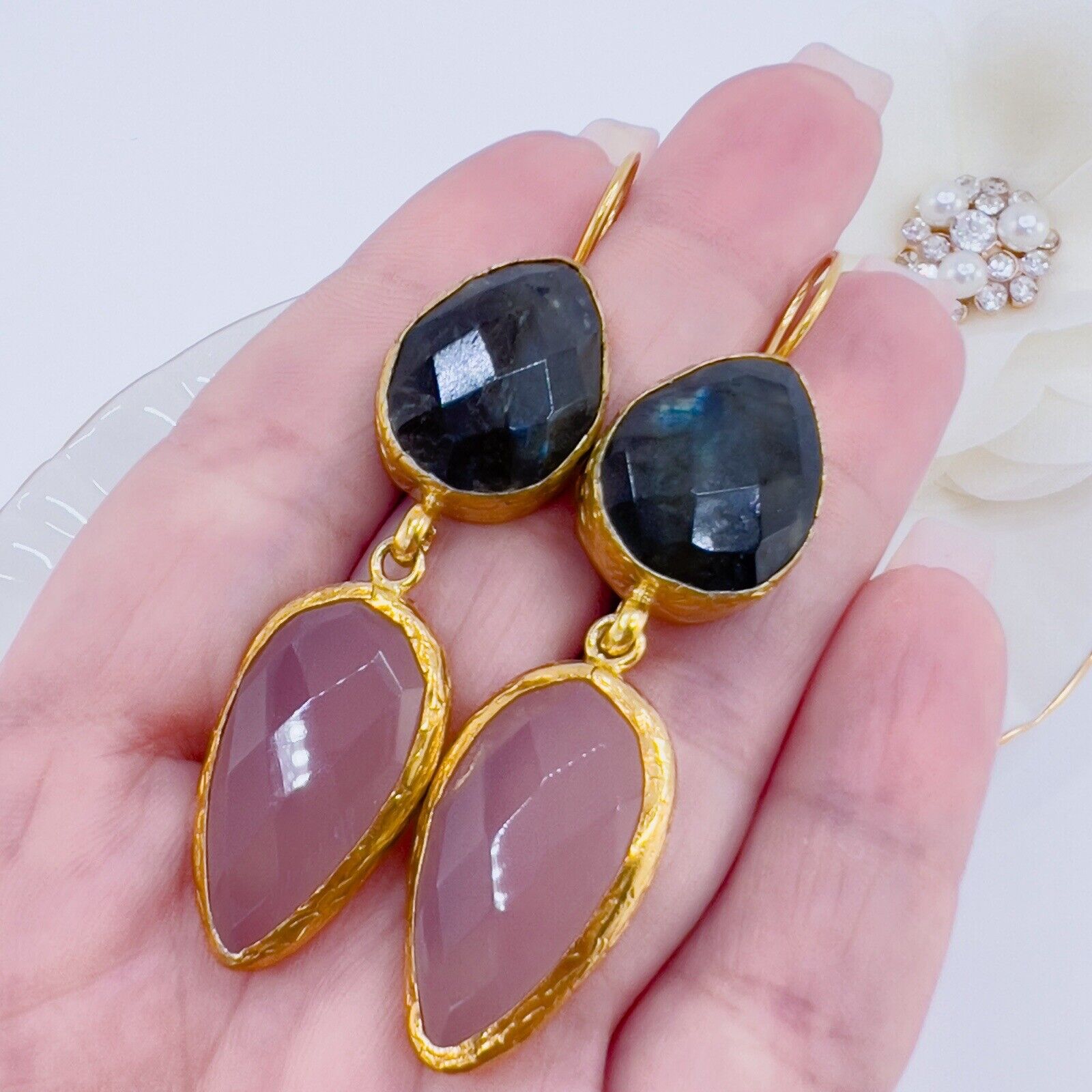 Etruscan Revival Labradorite & Rose Chalcedony Earrings 22k Yellow Gold Overlay