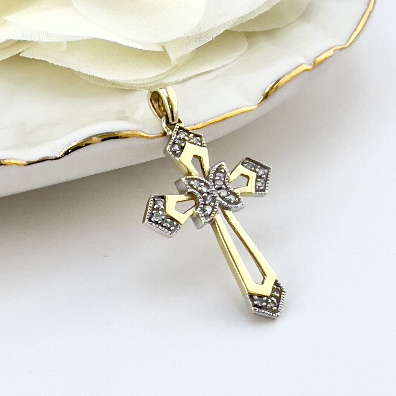 Solid 10K Yellow Gold Genuine Diamond Cross Pendant, New 1.3”