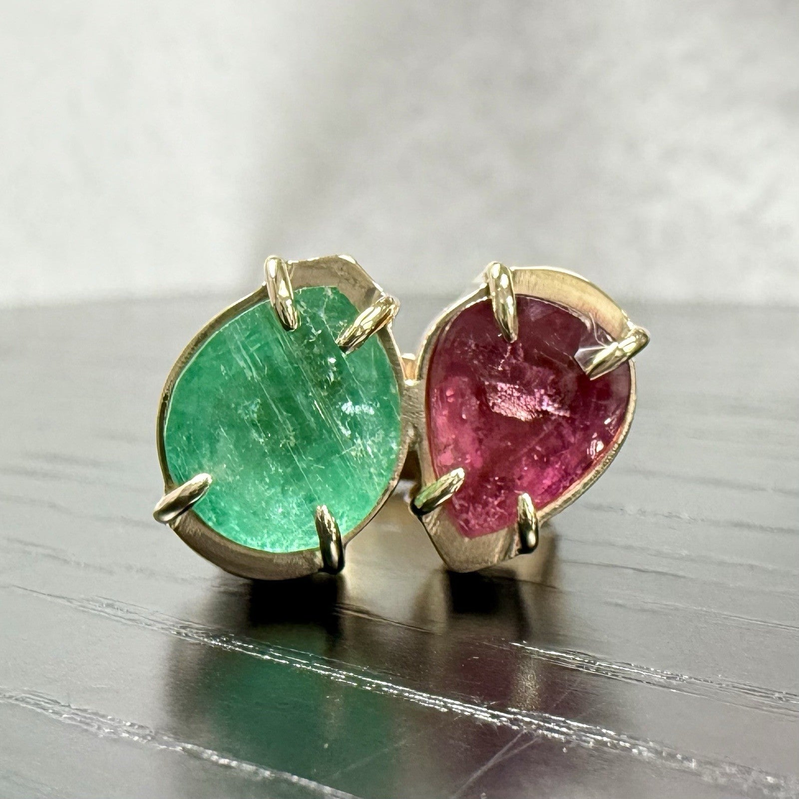 14k Yellow Gold Genuine Emerald & Pink Tourmaline Modernist Ring, New Size 6.5