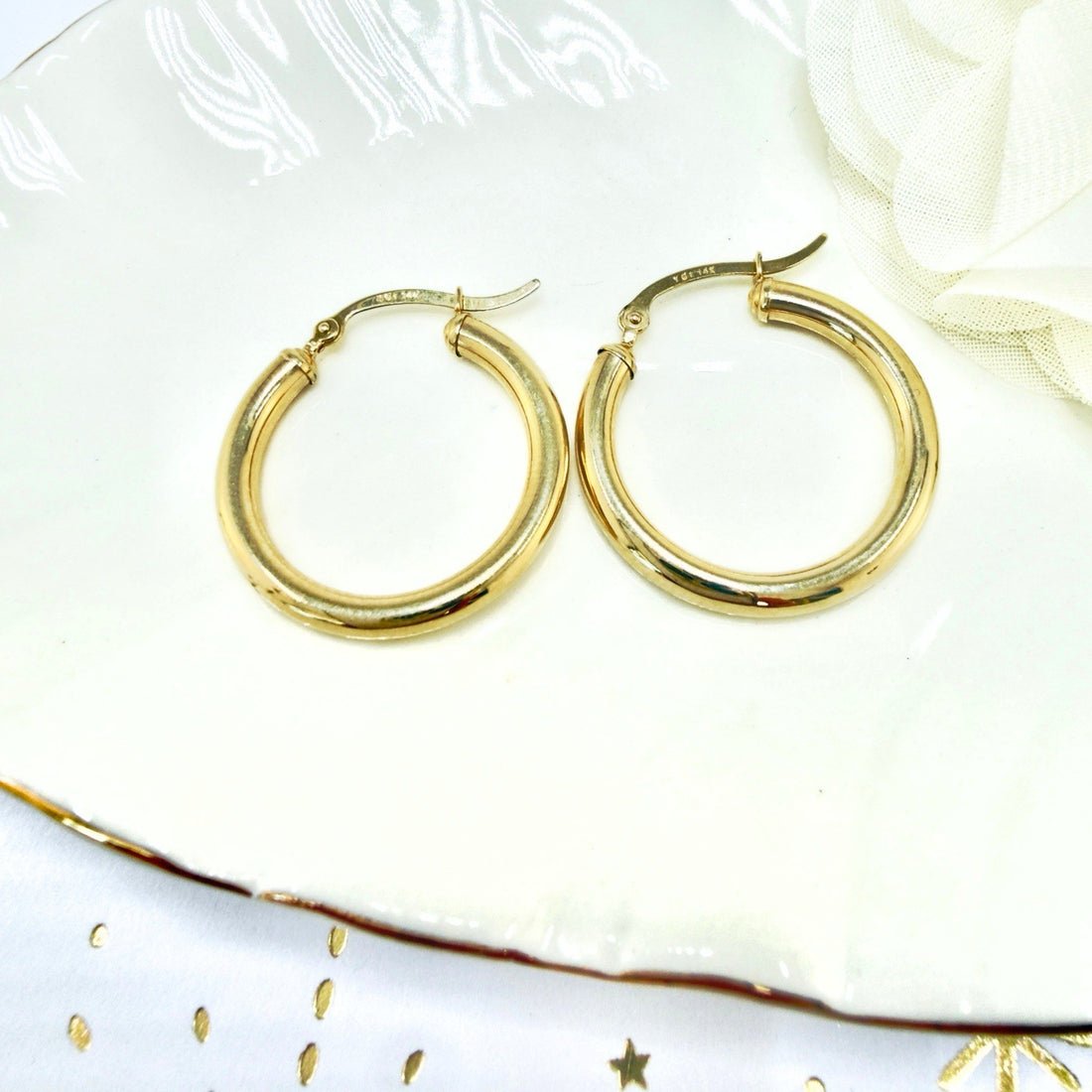 Solid 14k Yellow Gold 3mm Thick Hoop Earrings 25mm Diameter, New