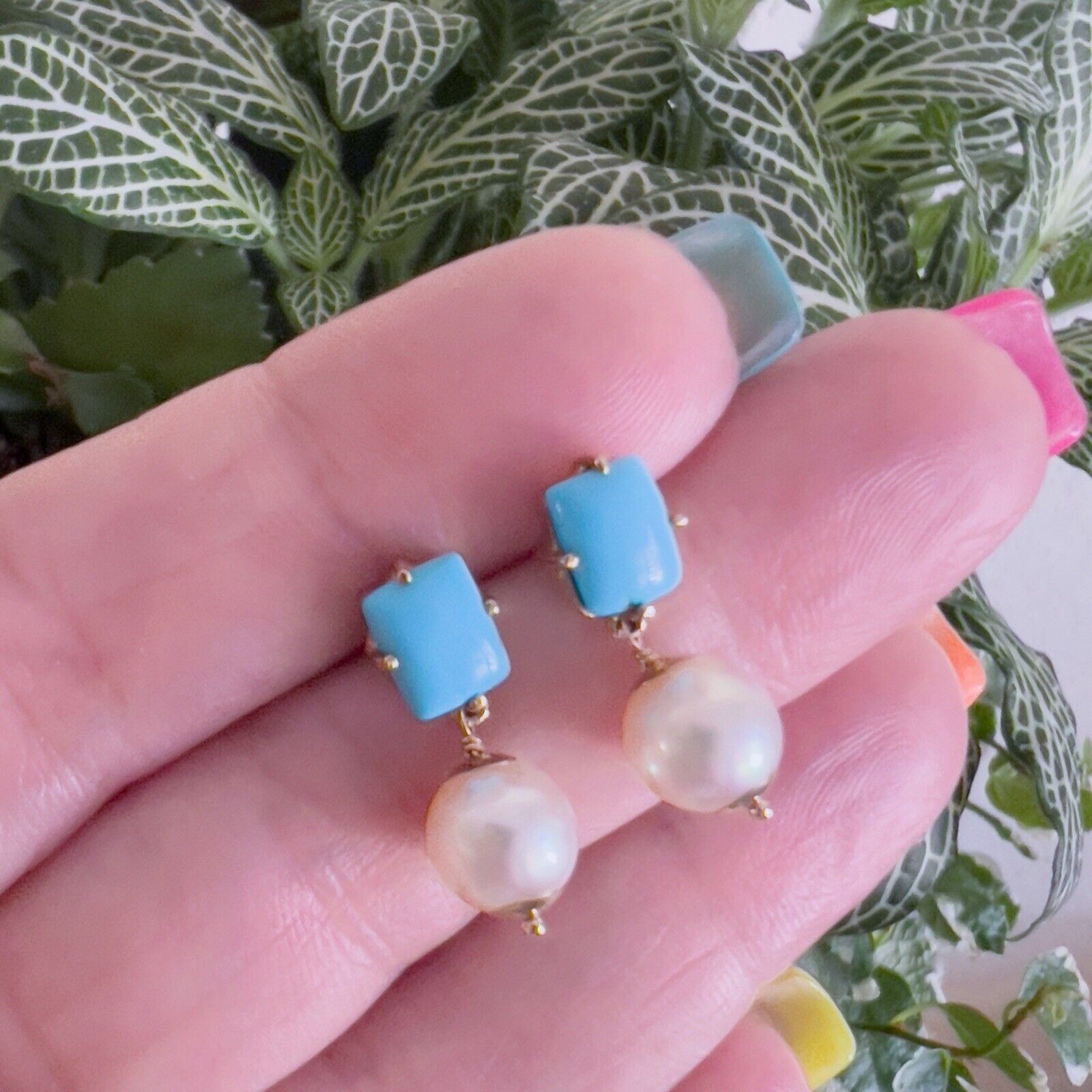 14k Yellow Gold Sleeping Beauty Turquoise & Akoya Pearl Dangle Earrings, New