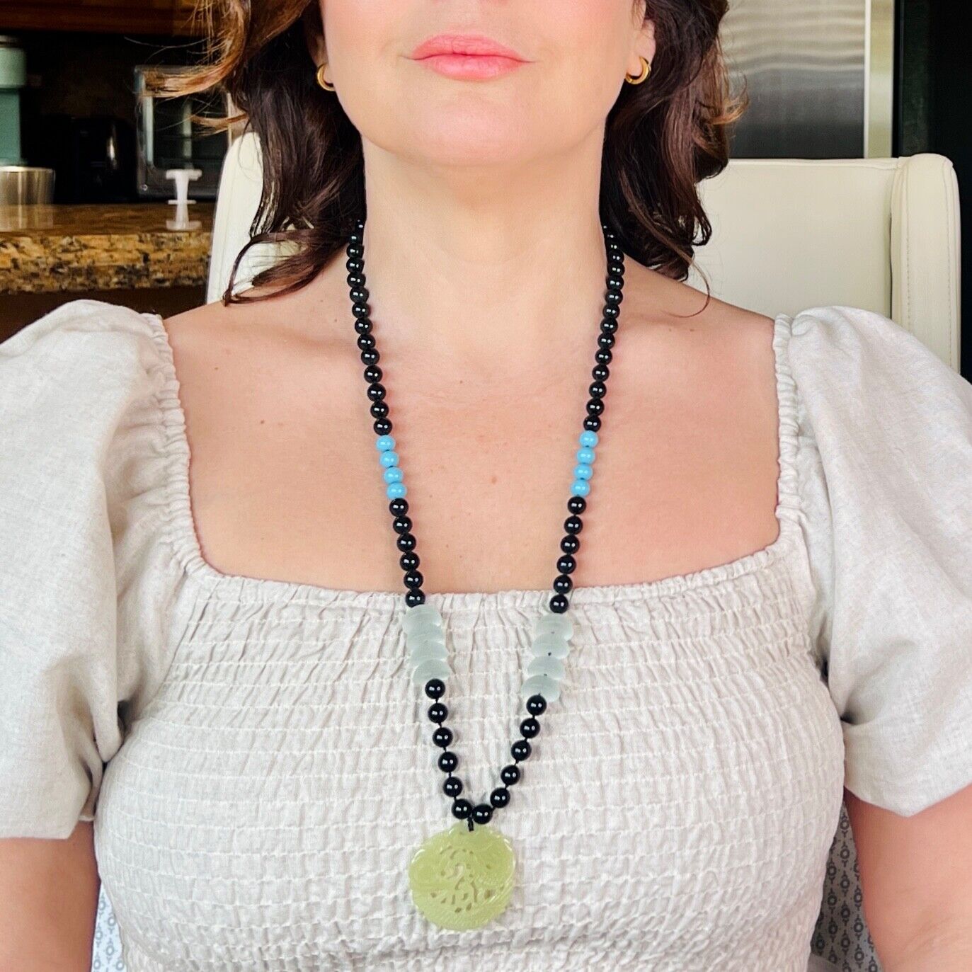 Genuine Multi-Gemstone Necklace With Serpentine Asian Dragon Pendant, New 30"