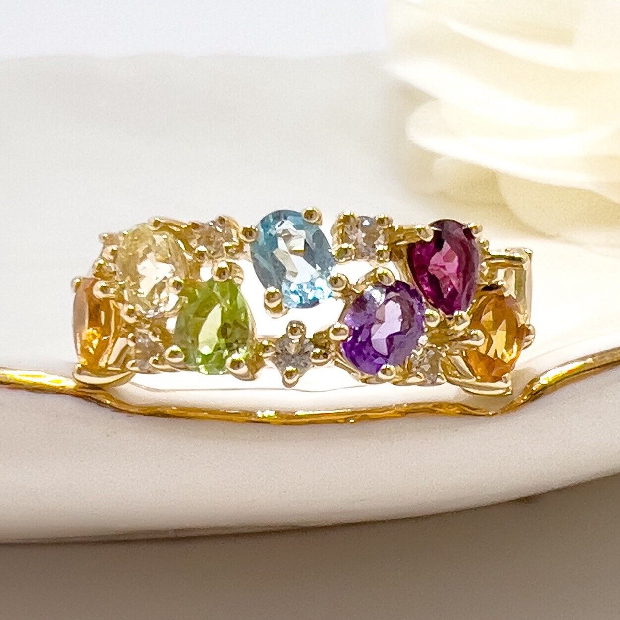 10k Yellow Gold Genuine Multi-Gemstone Ring, Size 7,