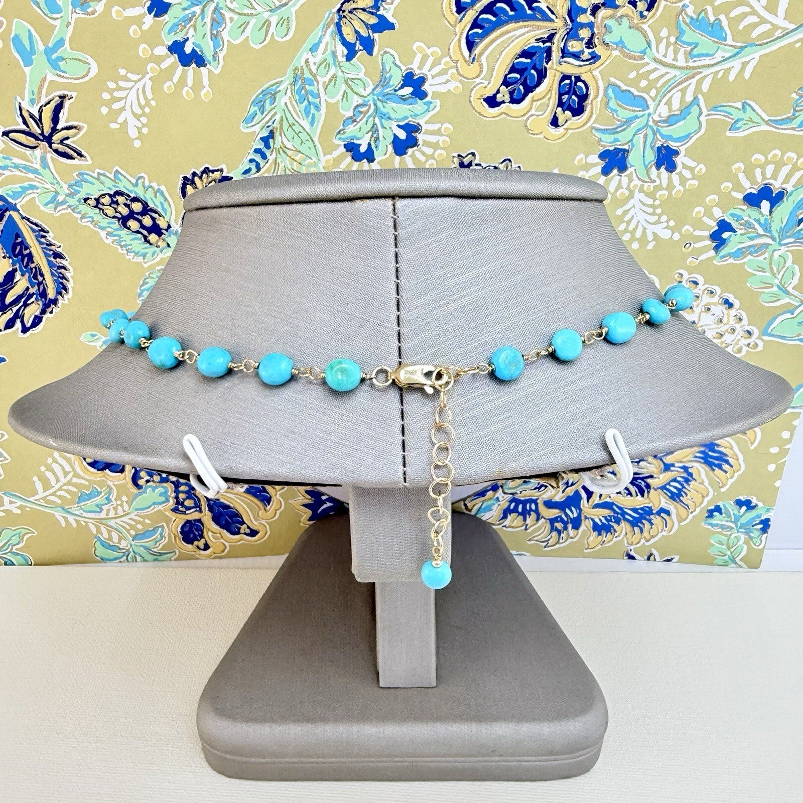 14k Yellow Gold Genuine Sleeping Beauty Turquoise Handcrafted Necklace, 16.5-18"