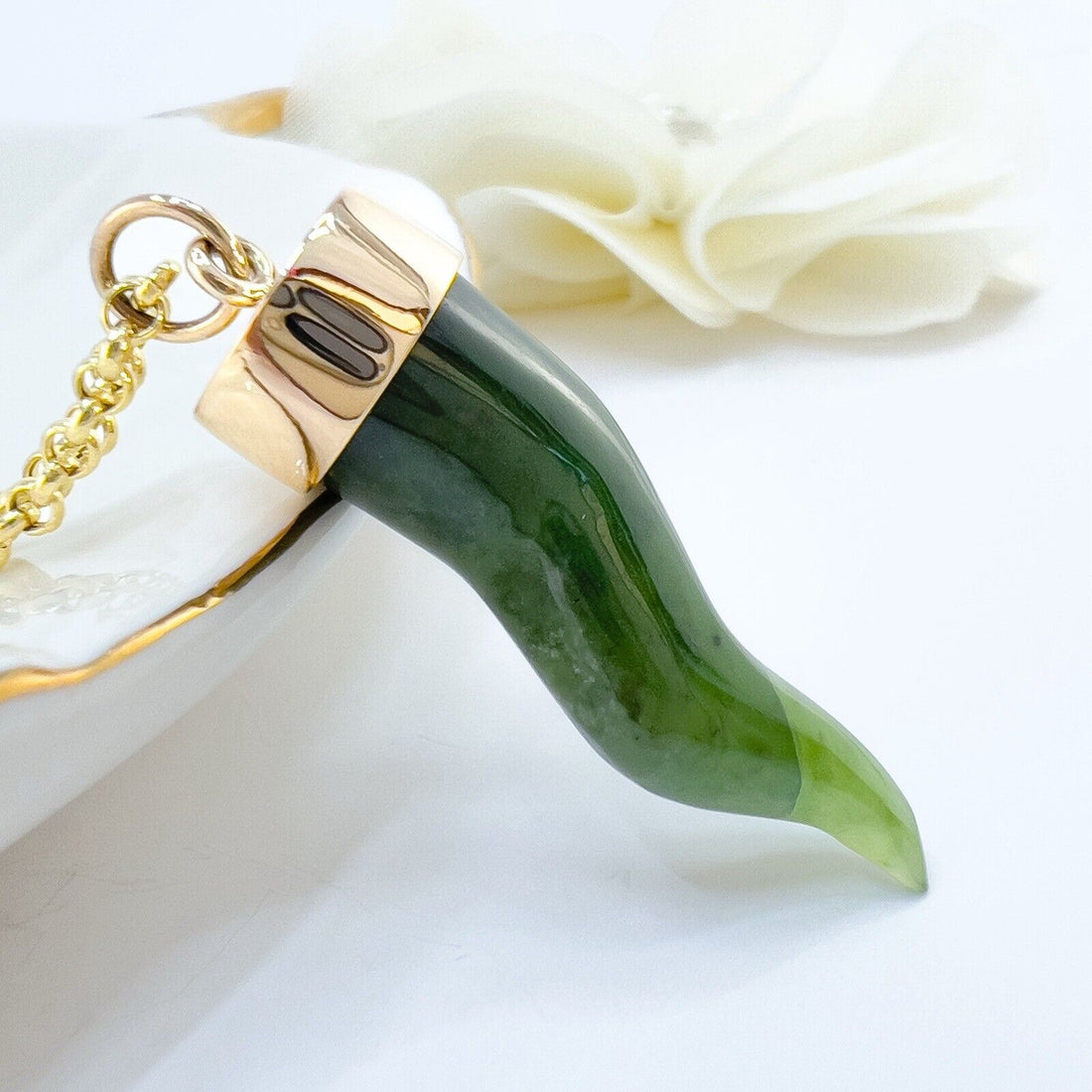 14k Yellow Gold Nephrite Jade Cornicello Horn Pendant, New, 1.68"