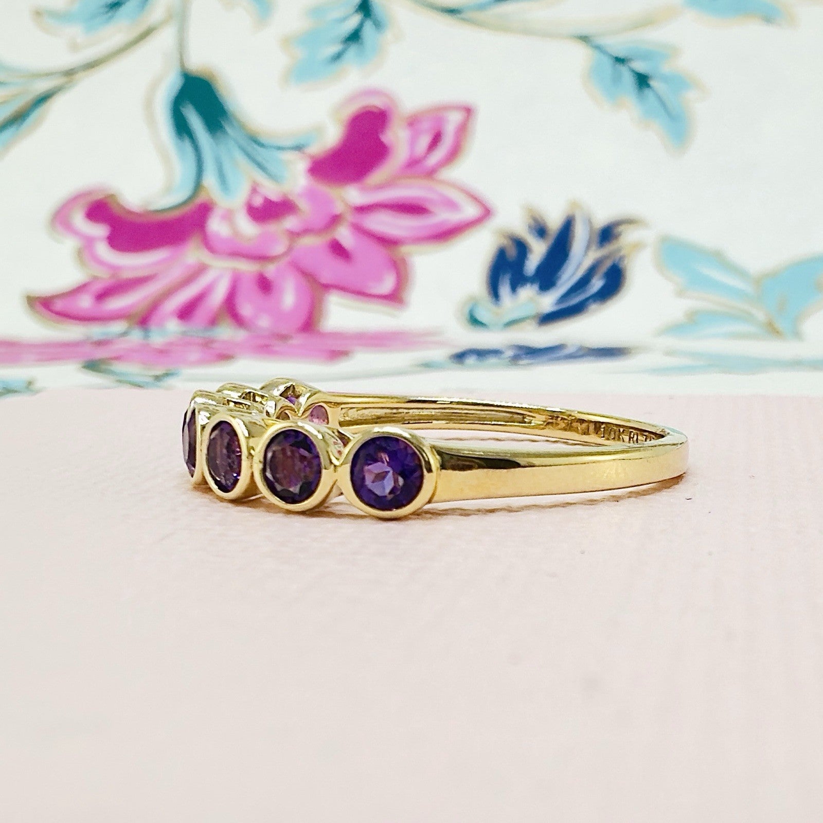 10k Yellow Gold Genuine Amethyst Ring Band, New, Sz 8.75