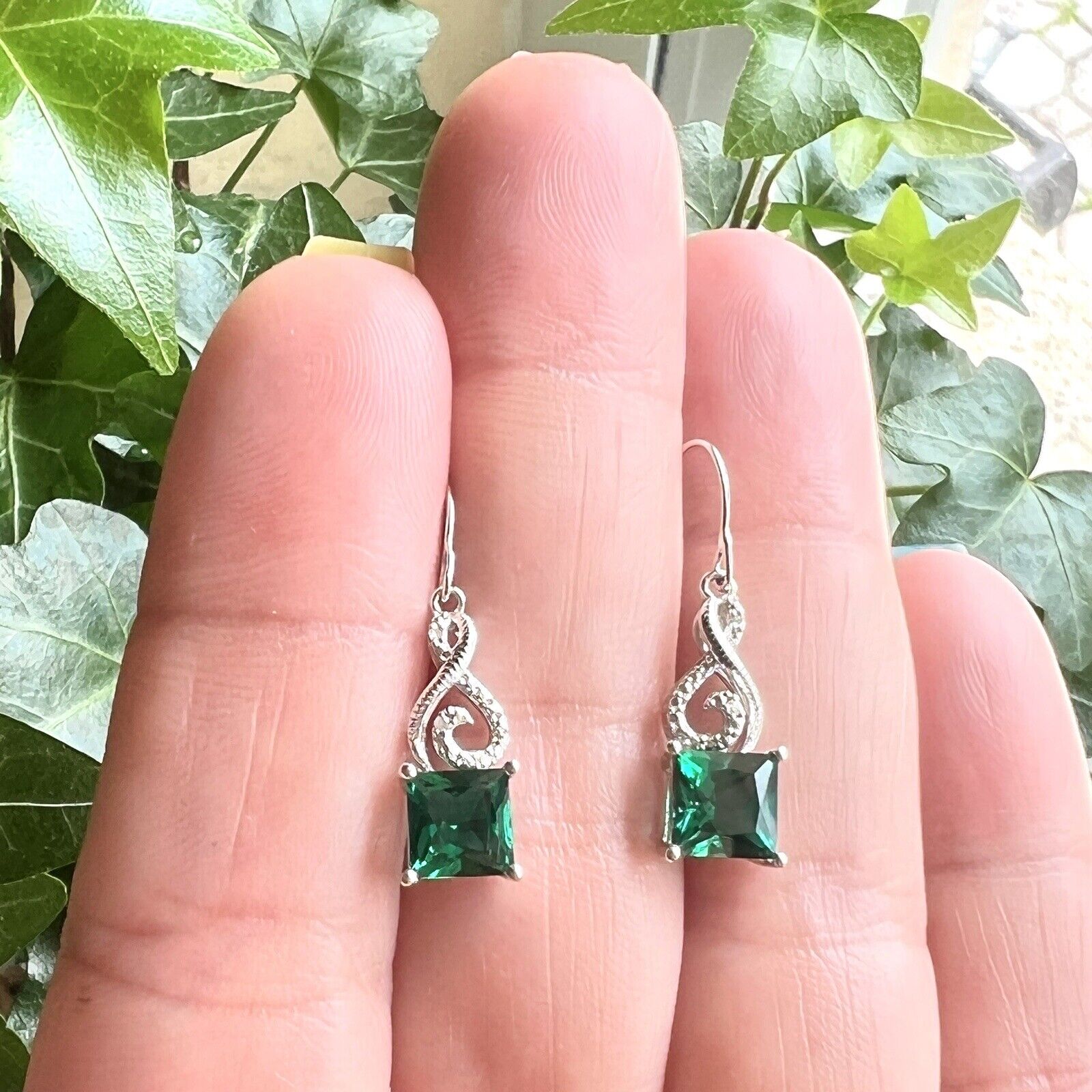 Solid 10k White Gold Genuine Diamonds & Lab Created Emerald Dangle/Drop Earrings
