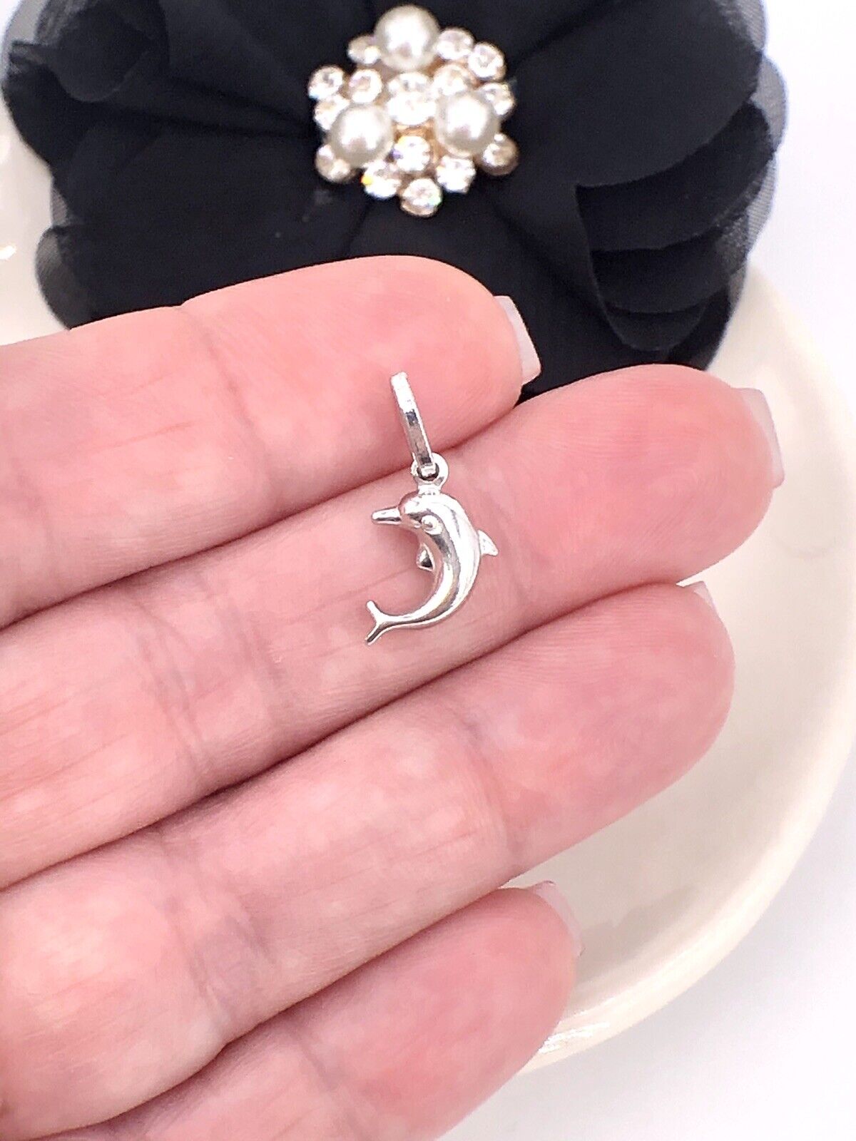 Jumping Dolphin Solid 14K White Gold Puffy 2 Sided Charm/Pendant, New