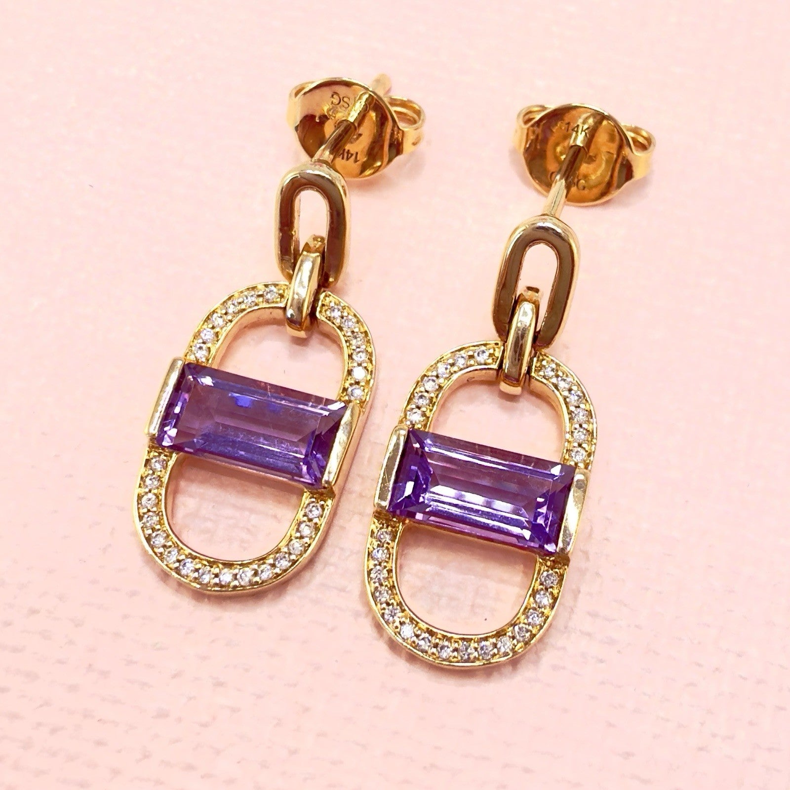 14k Yelow Gold Genuine Amethyst & Diamond Monernist Dangle Earrings, New
