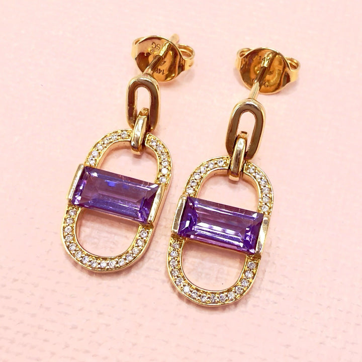 14k Yelow Gold Genuine Amethyst & Diamond Monernist Dangle Earrings, New