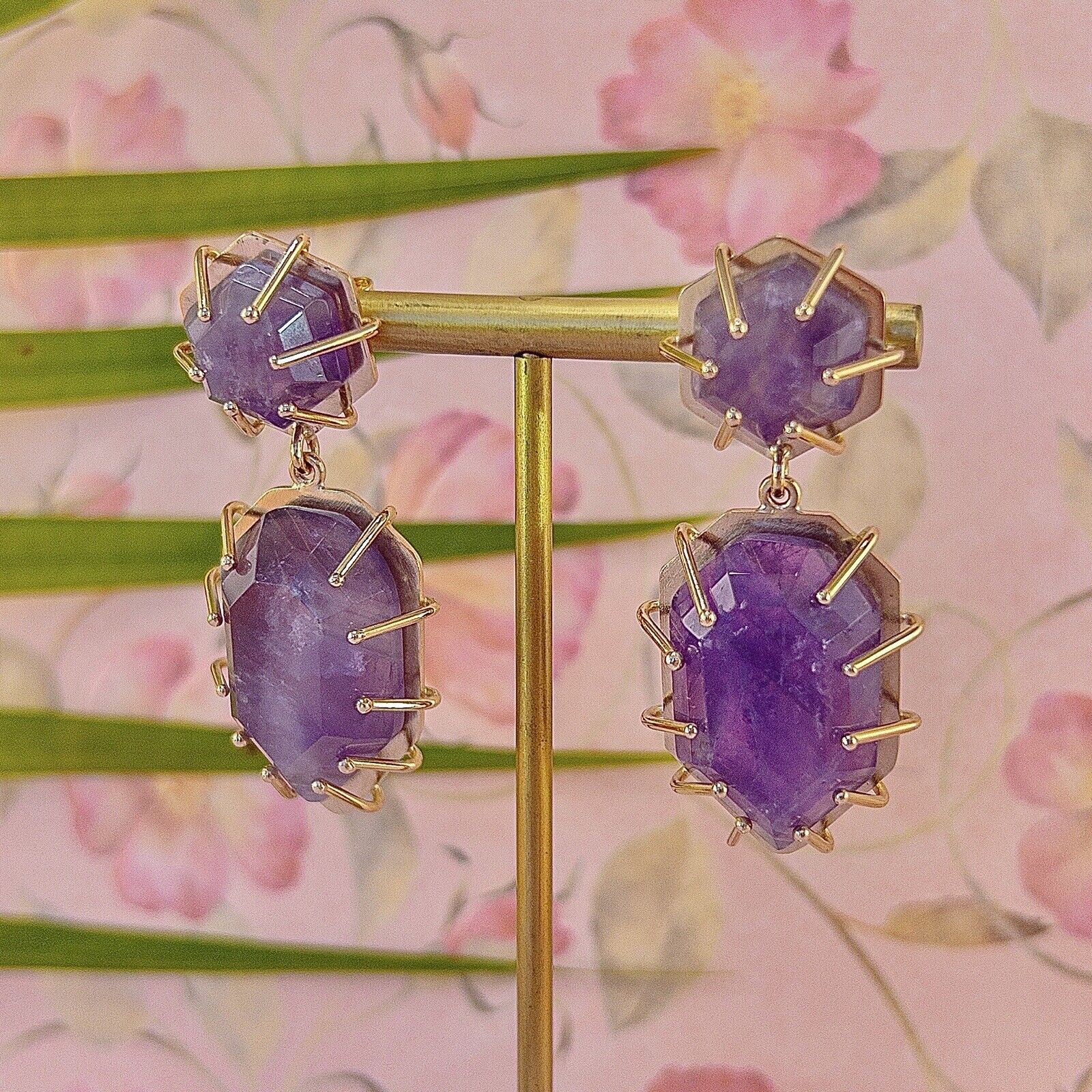 Solid 14k Yellow Gold Genuine Amethyst Modernist Custom Made Dangle Earrings 2”