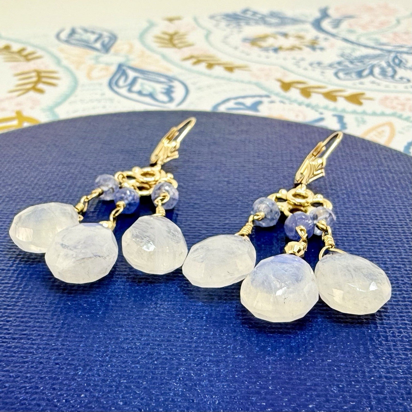 14k Yellow Gold Genuine Rainbow Moonstone and Sapphire Chandelier Earrings,