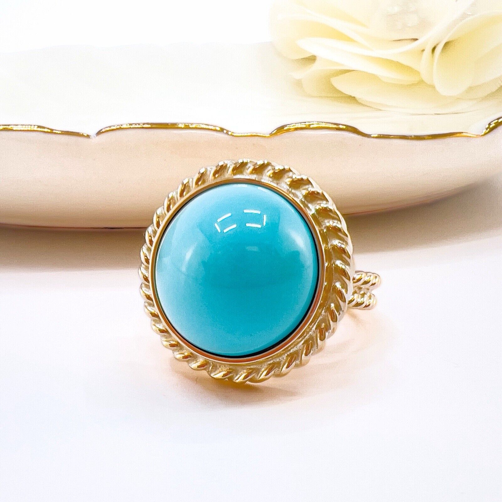 14k Yellow Gold Persian Turquoise (15mm) Handcrafted Ring, New, Size 6.75