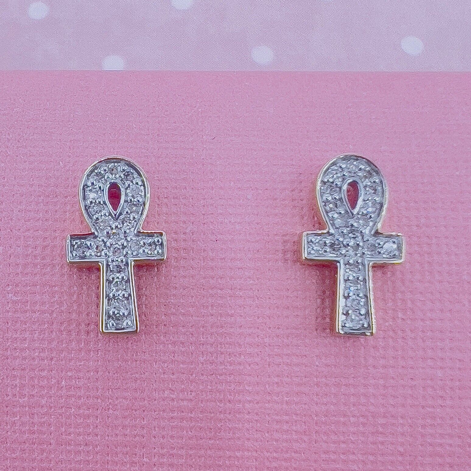 14k Yellow Gold Diamond Ankh Stud Screw-Back Earrings, New