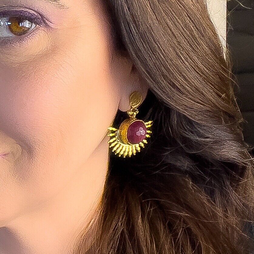 Etruscan Style Ruby Quartz Heavy Gold Plated Sunburst Dangle Earrings New 1.48"