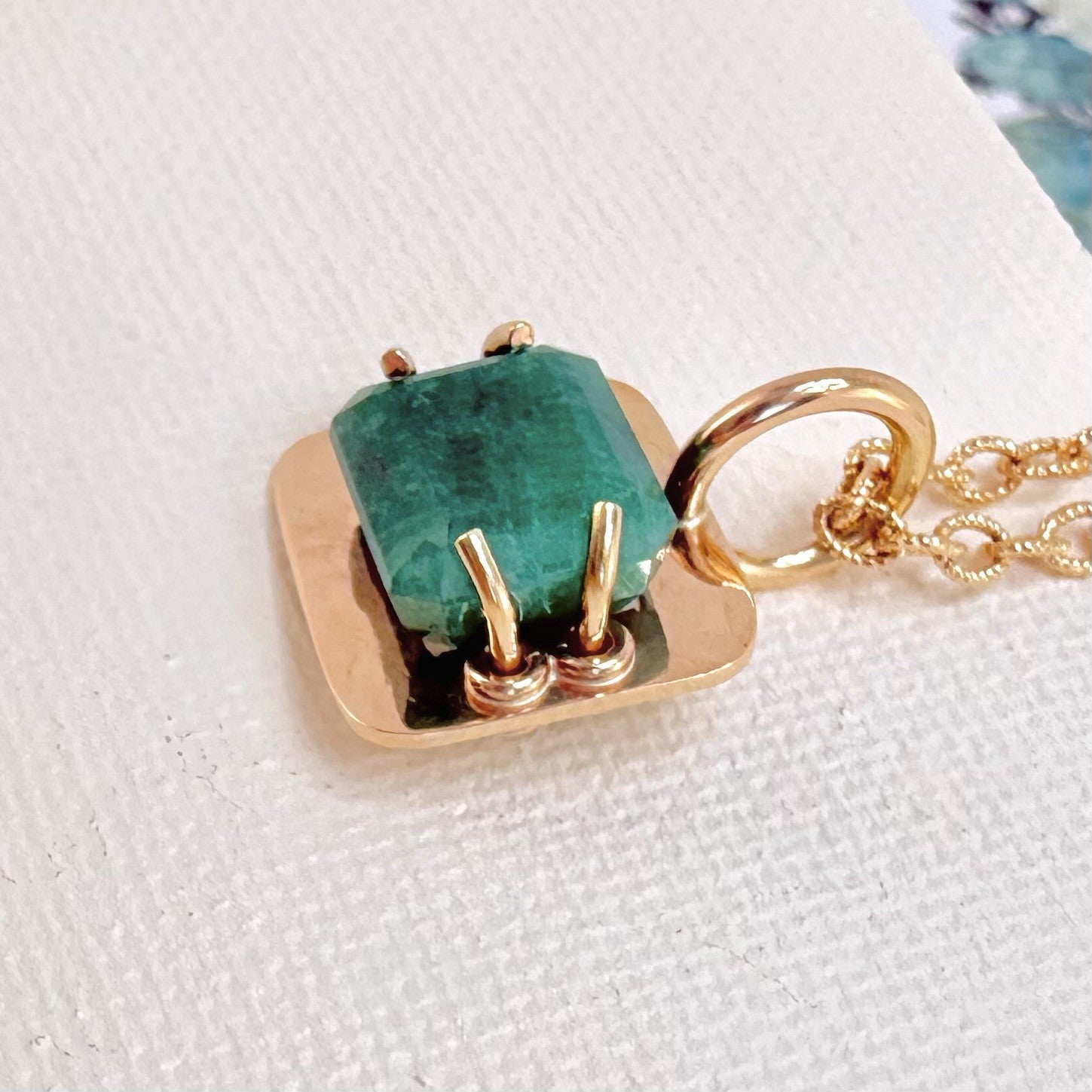 14k Yellow Gold Genuine Emerald Modernist Unisex Pendant, Newly Handcrafted 7ct