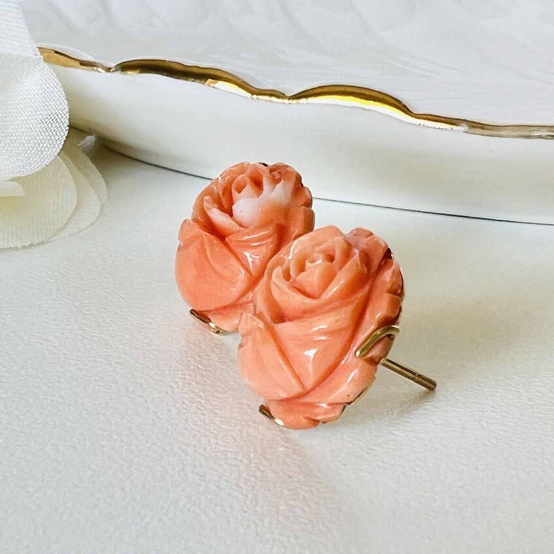 Vintage No-Dye Japanese Carved Coral Rose (14Ct) and 14K Gold Stud Earrings, New