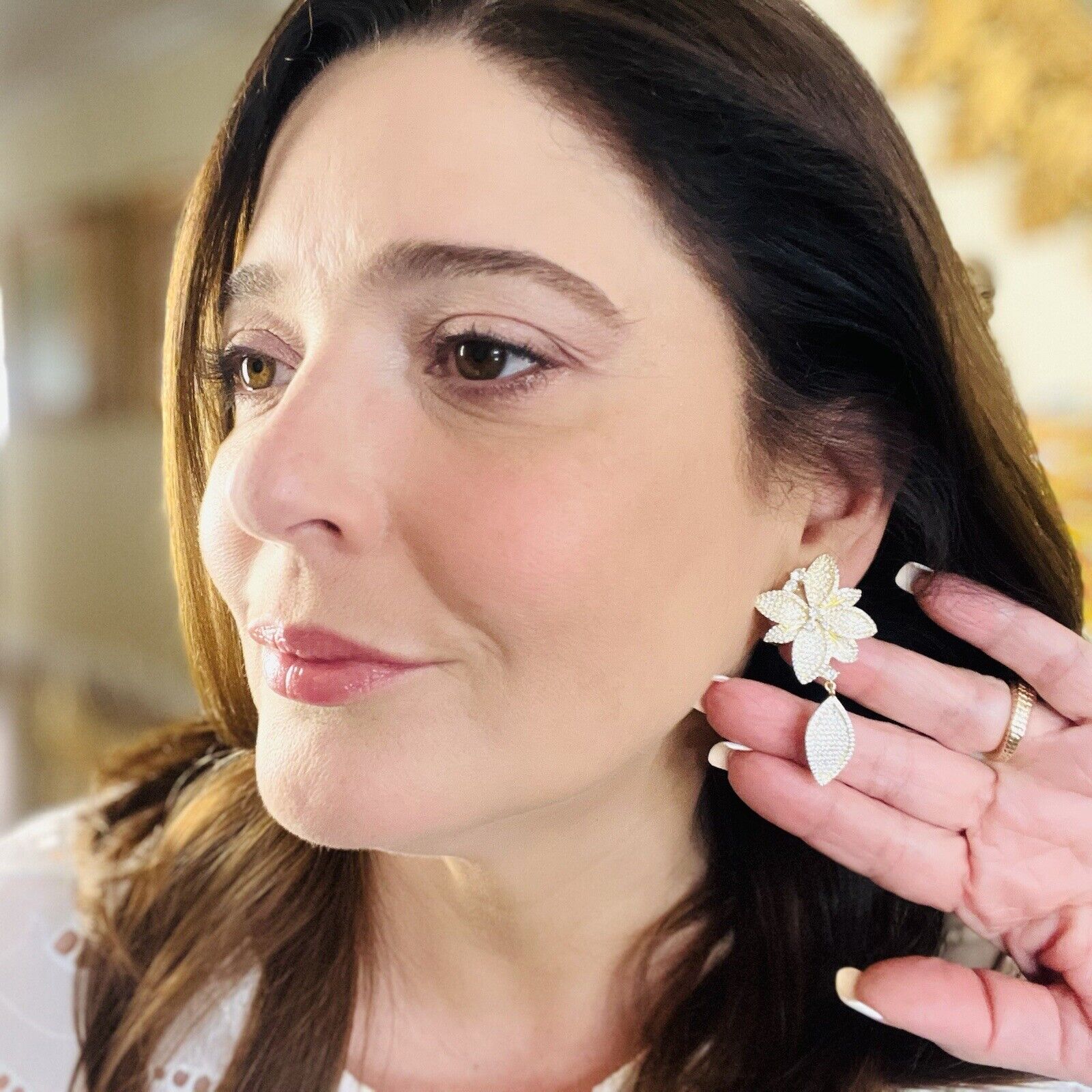 Sterling Silver Vermeil  Flower Cubic Zirconia Dangle/Drop Earrings, New 2.2"