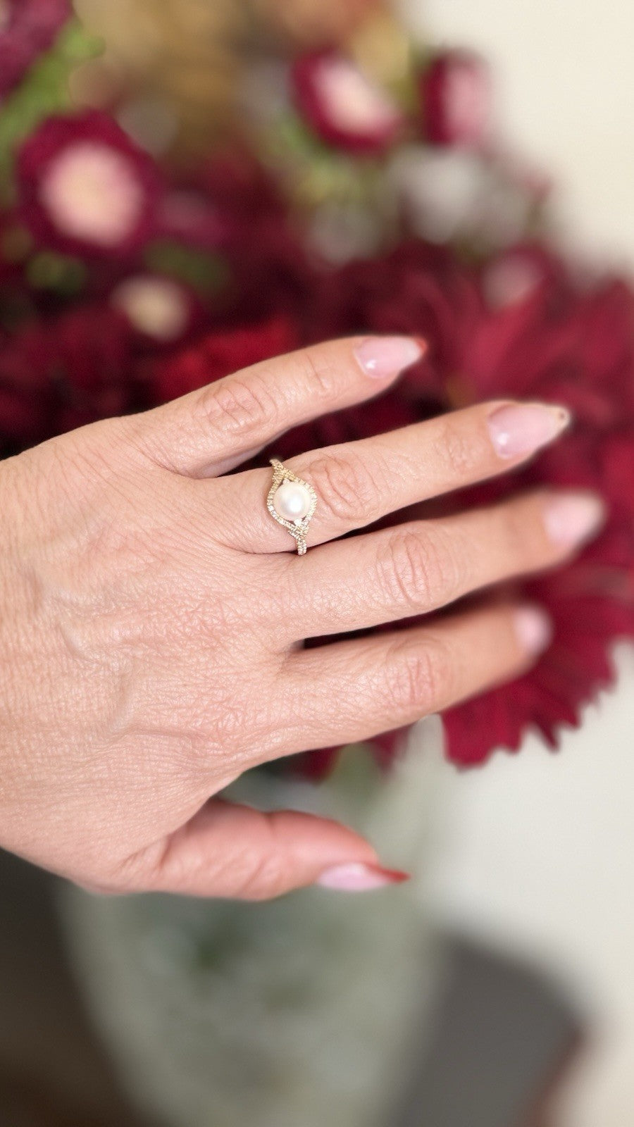 14k Yellow Gold Genuine Cultured Pearl & Diamond Halo Ring, Sz 7, New