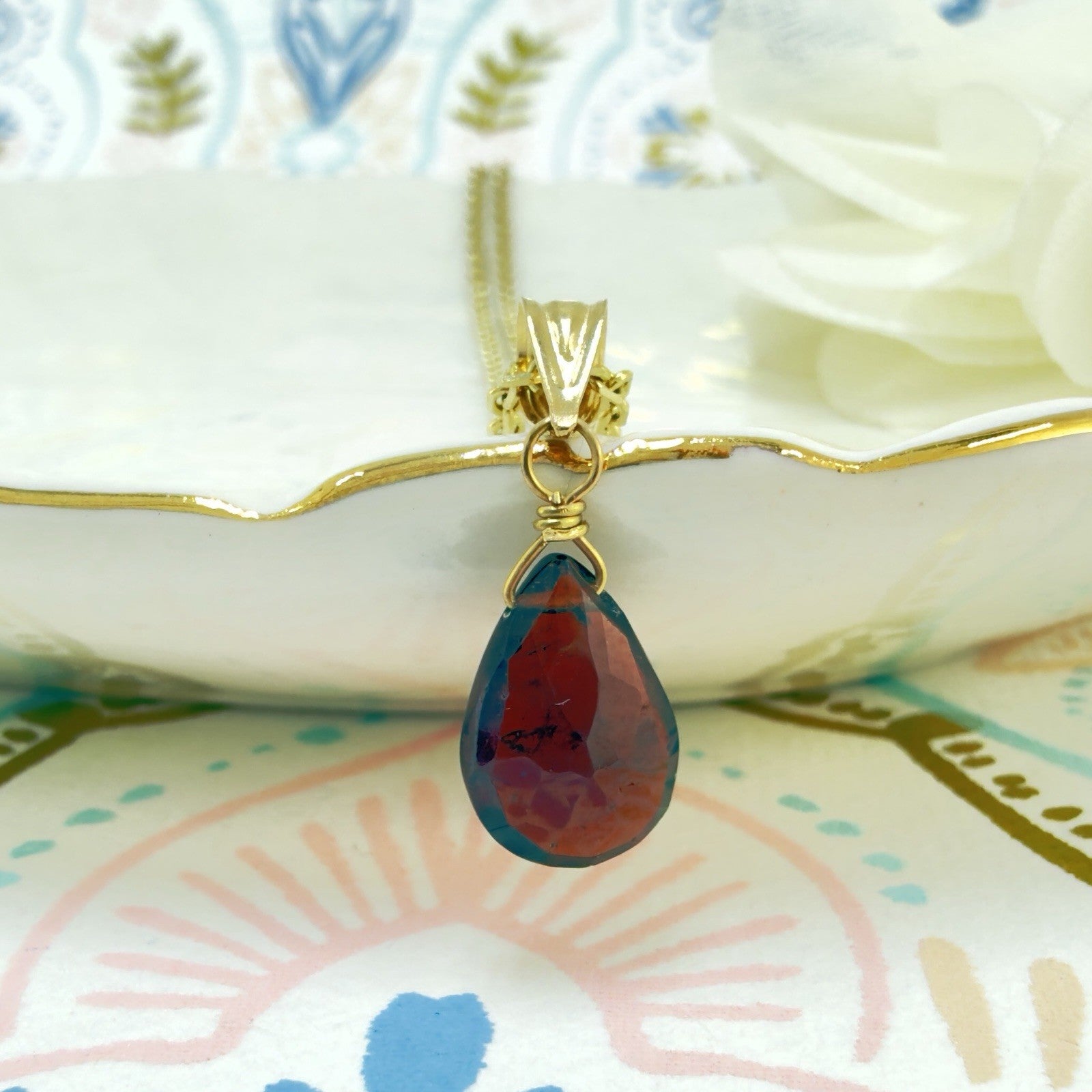 14k Yellow Gold Genuine Garnet Drop Pendant, 0.75" New