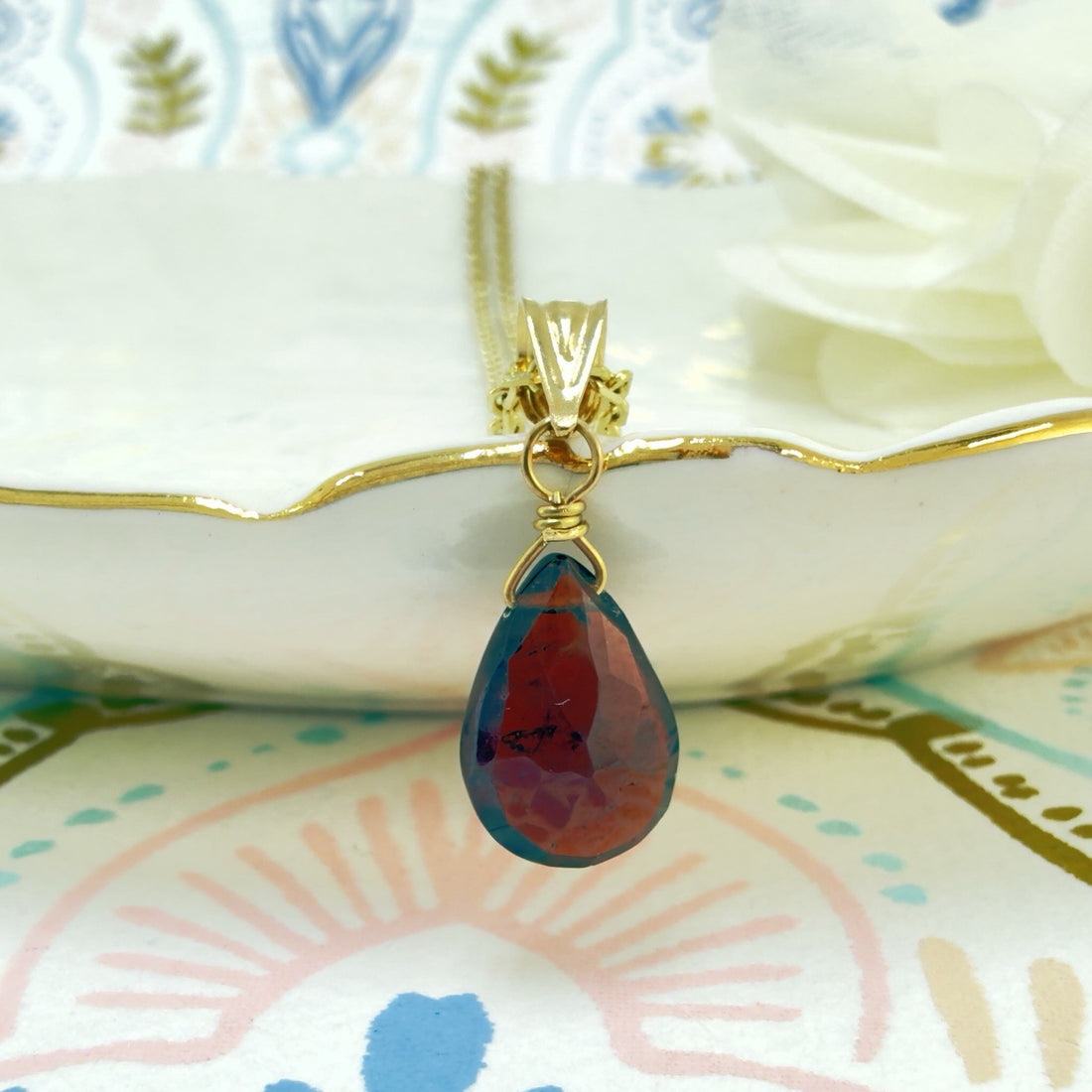 14k Yellow Gold Genuine Garnet Drop Pendant, 0.75" New