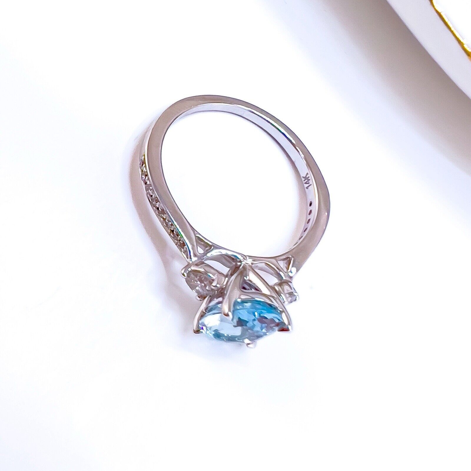 14k White Gold Genuine Aquamarine & Diamond Ring, New Size 7