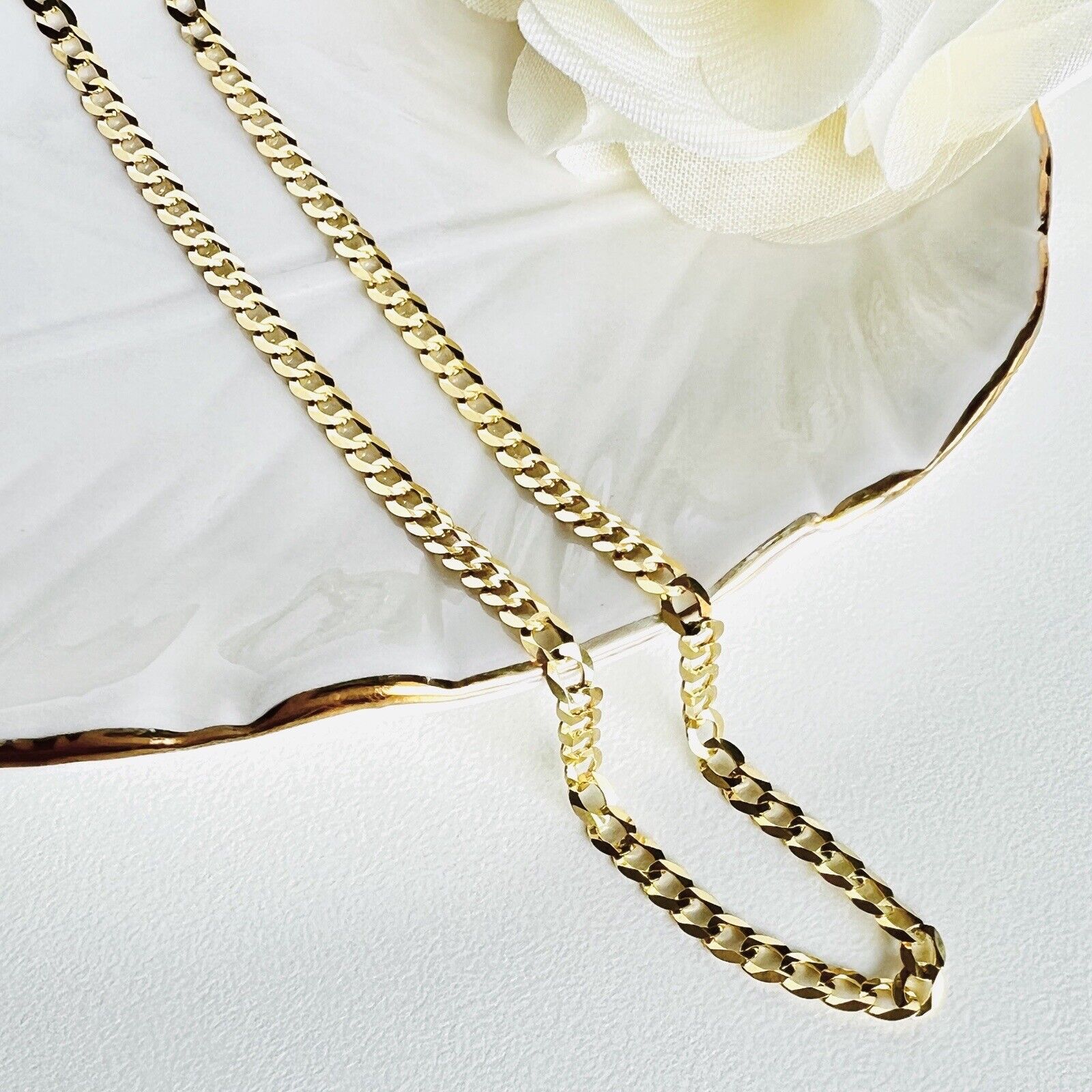 Solid 14k Yellow Gold Curb Link Flat Diamond-Cut Chain, 18", New