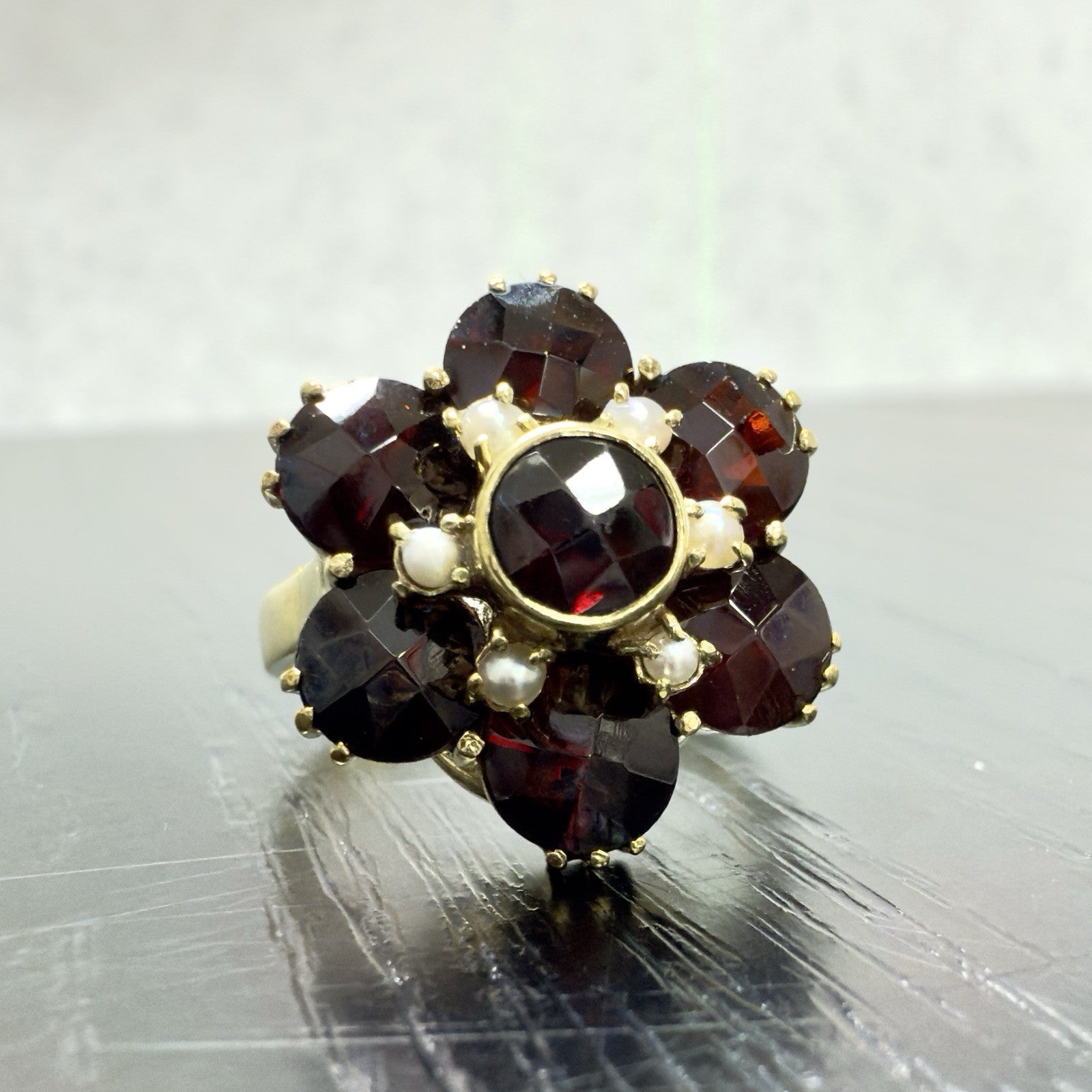 Vintage 10k Yellow Gold Genuine Garnet & Pearl Ring, Size 4