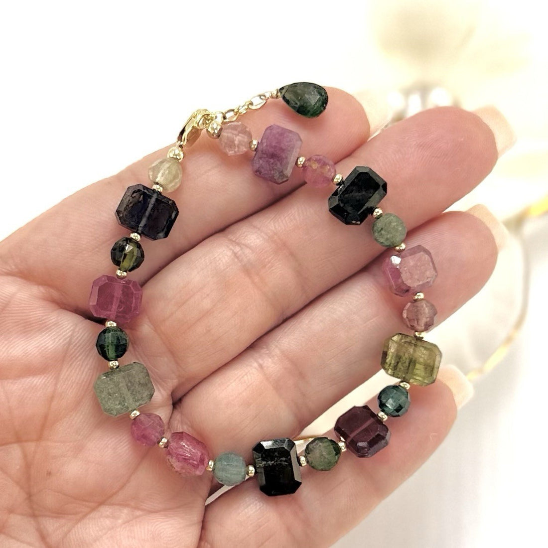 14k Yellow Gold Genuine Multi-Color Tourmaline Bracelet, 6.5-7"