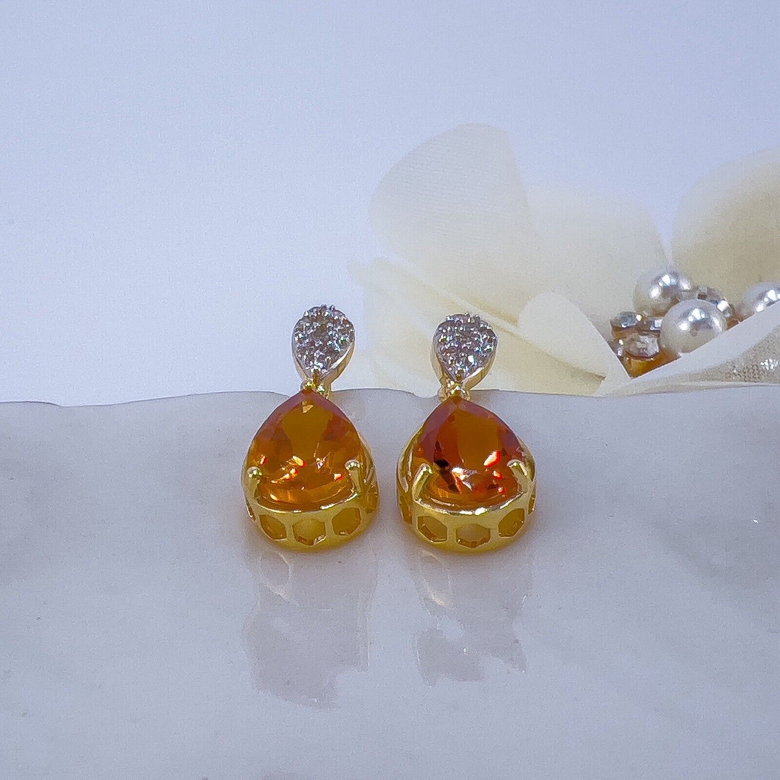 Genuine Citrine & Diamond Solid 10k Yellow Gold Dangle/Drop Earrings
