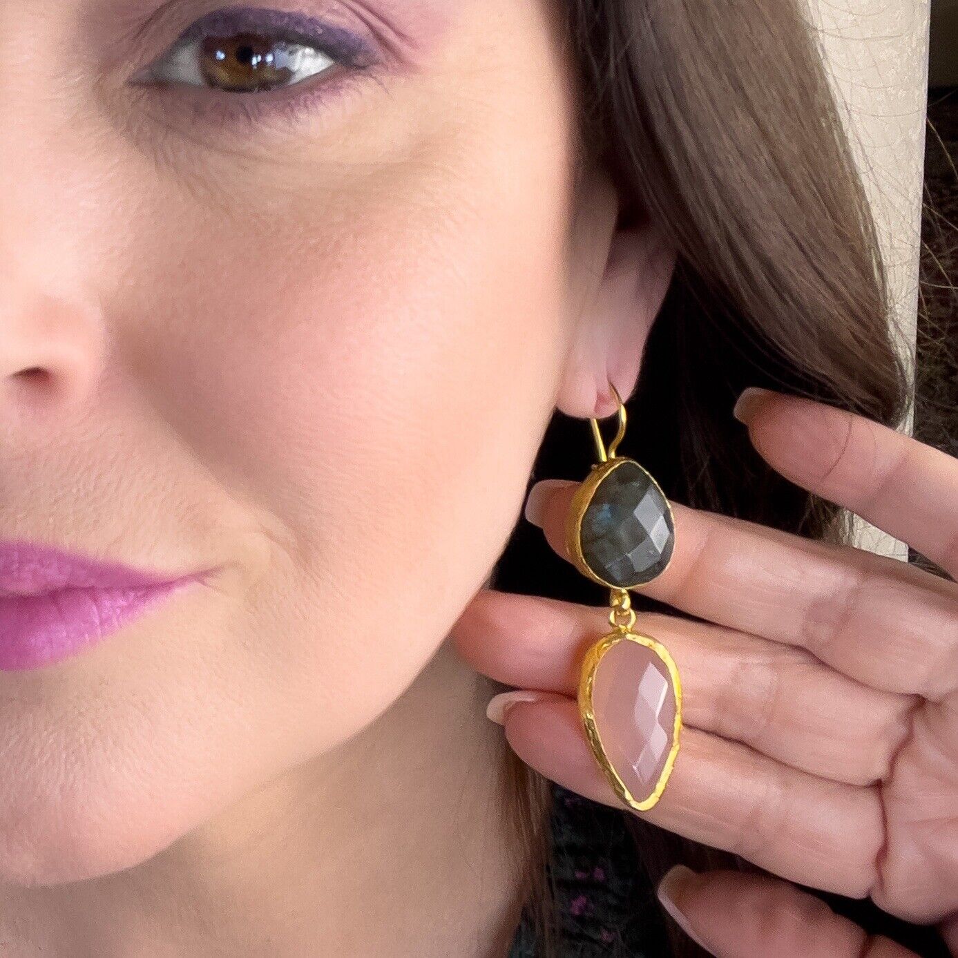 Etruscan Revival Labradorite & Rose Chalcedony Earrings 22k Yellow Gold Overlay