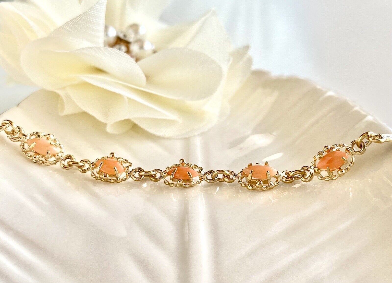 Heavy Gold Electroplated Natural Pink Coral Cabochon Bracelet, New, 6.5-7.5" SM