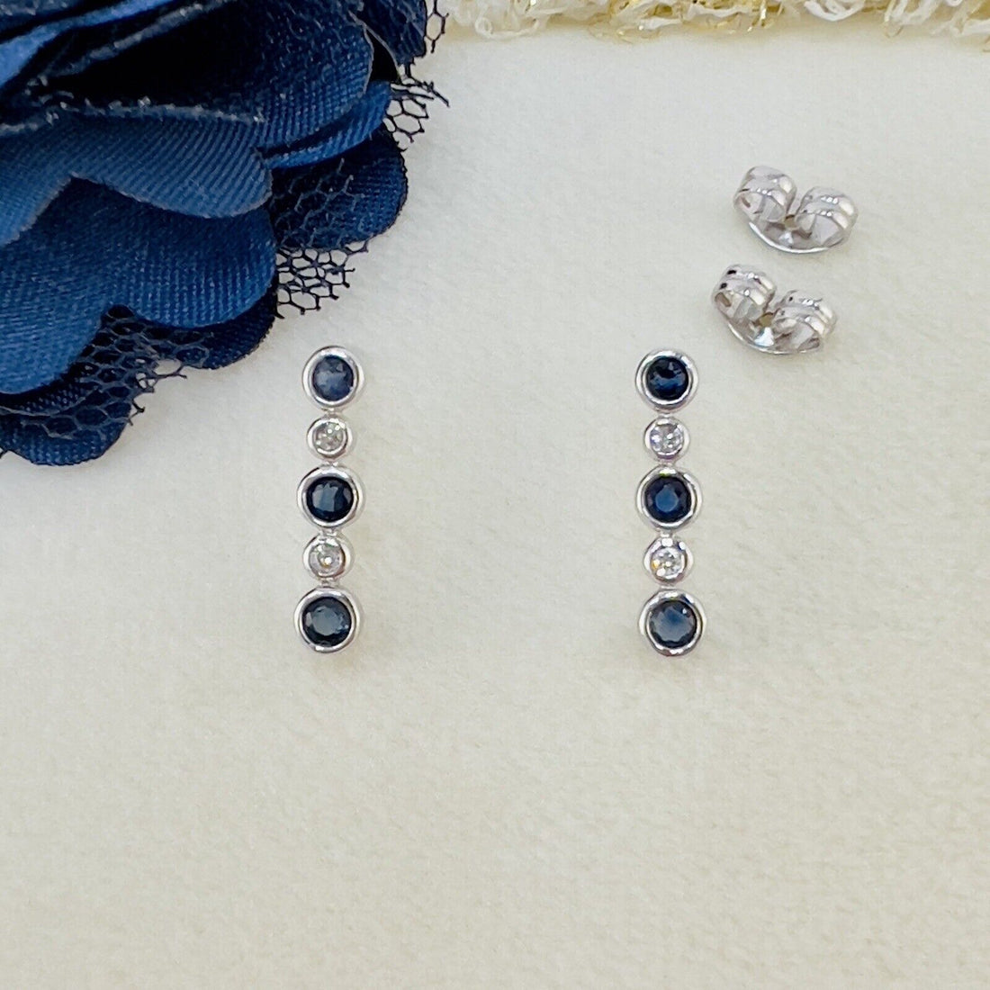 Solid 14k White Gold Genuine Sapphire & Diamond Stud Earrings, New