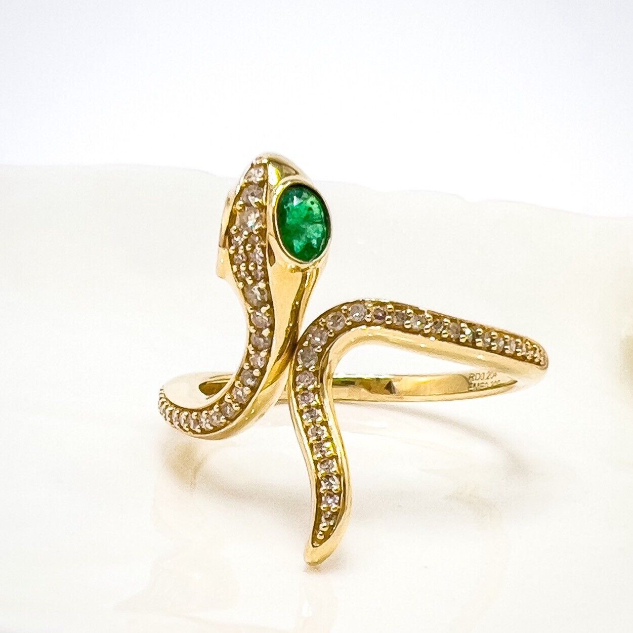 🐍Genuine Emerald & Diamond 14k Yellow Gold Snake Ring, New, Size7.5