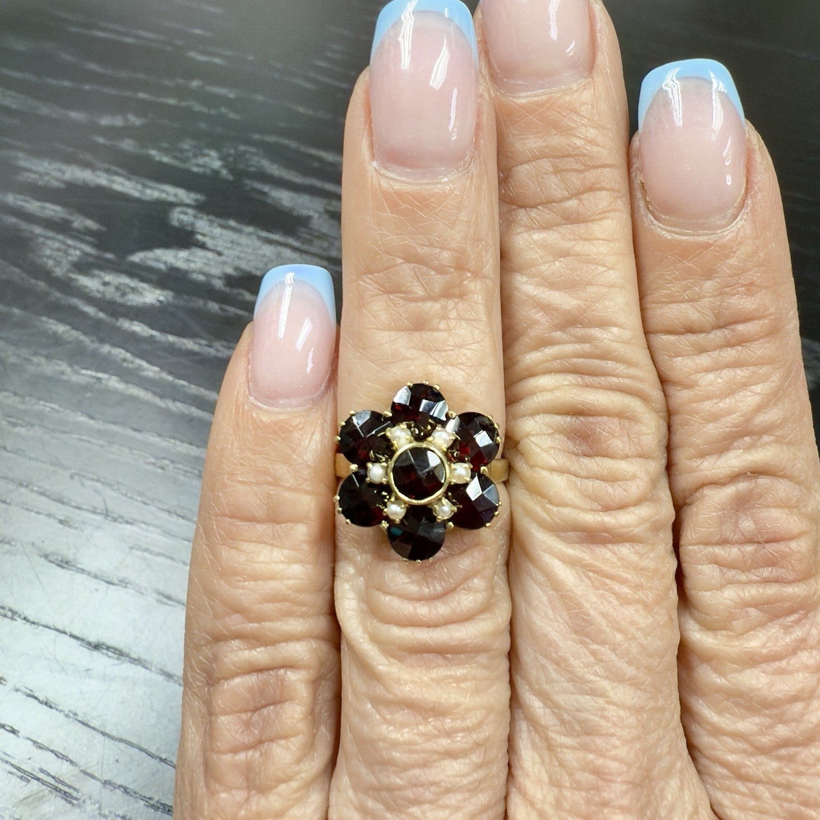 Vintage 10k Yellow Gold Genuine Garnet & Pearl Ring, Size 4