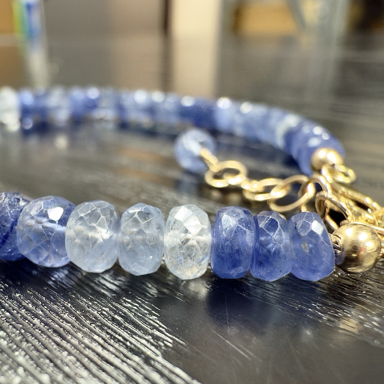 14k Yellow Gold Multitone Blue Sapphire Bracelet, Adjustable 6.75-7.75", New