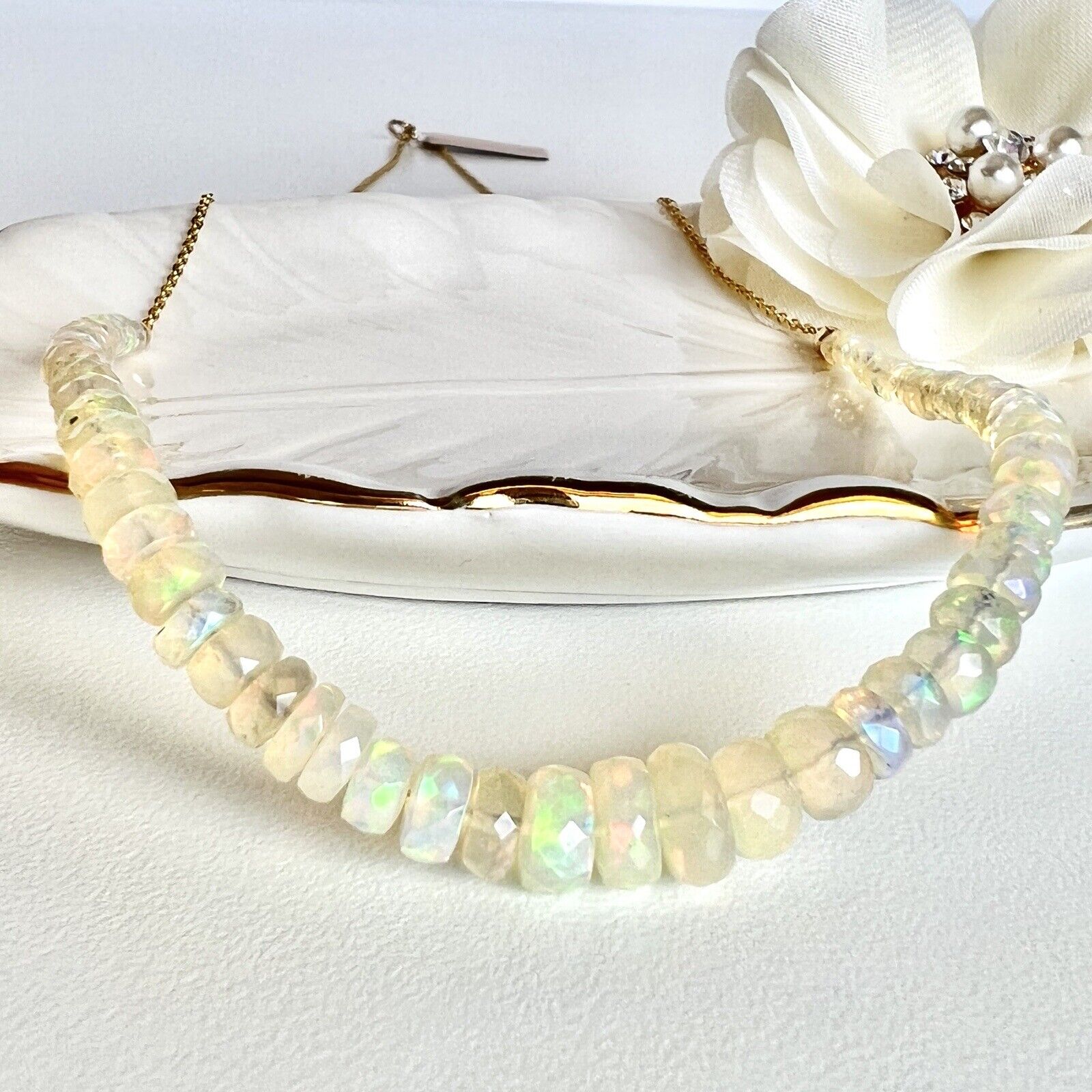 Genuine Opal (21.3ct) Solid 14k Yellow Gold Bead/Chain Necklace, New 19.5"