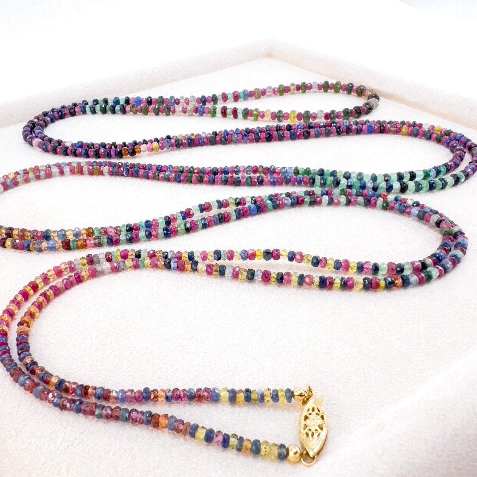 Genuine Multicolor Sapphire, Ruby & Emerald 14K Yellow Gold Necklace, New 82"