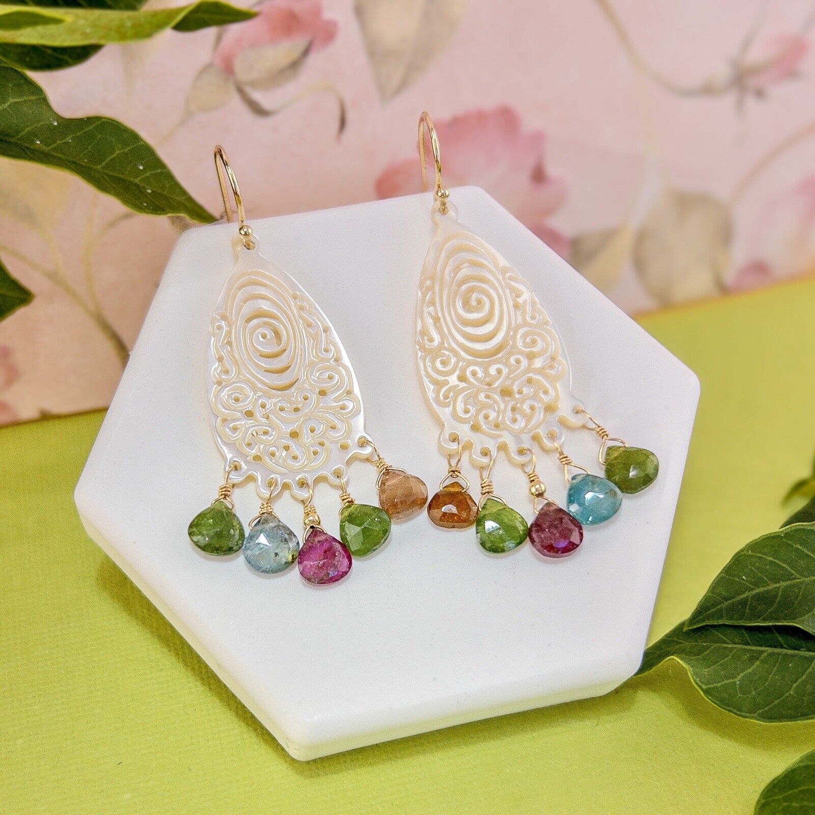 Solid 14k Yellow Gold Natural Tourmaline & Mother of Pearl Chandelier Earrings,