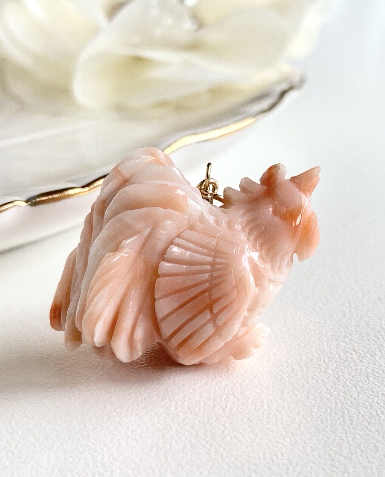 No Dye Salmon Coral Rooster (Asian Zodiac) 14k Yellow Gold Pendant/Necklace, New