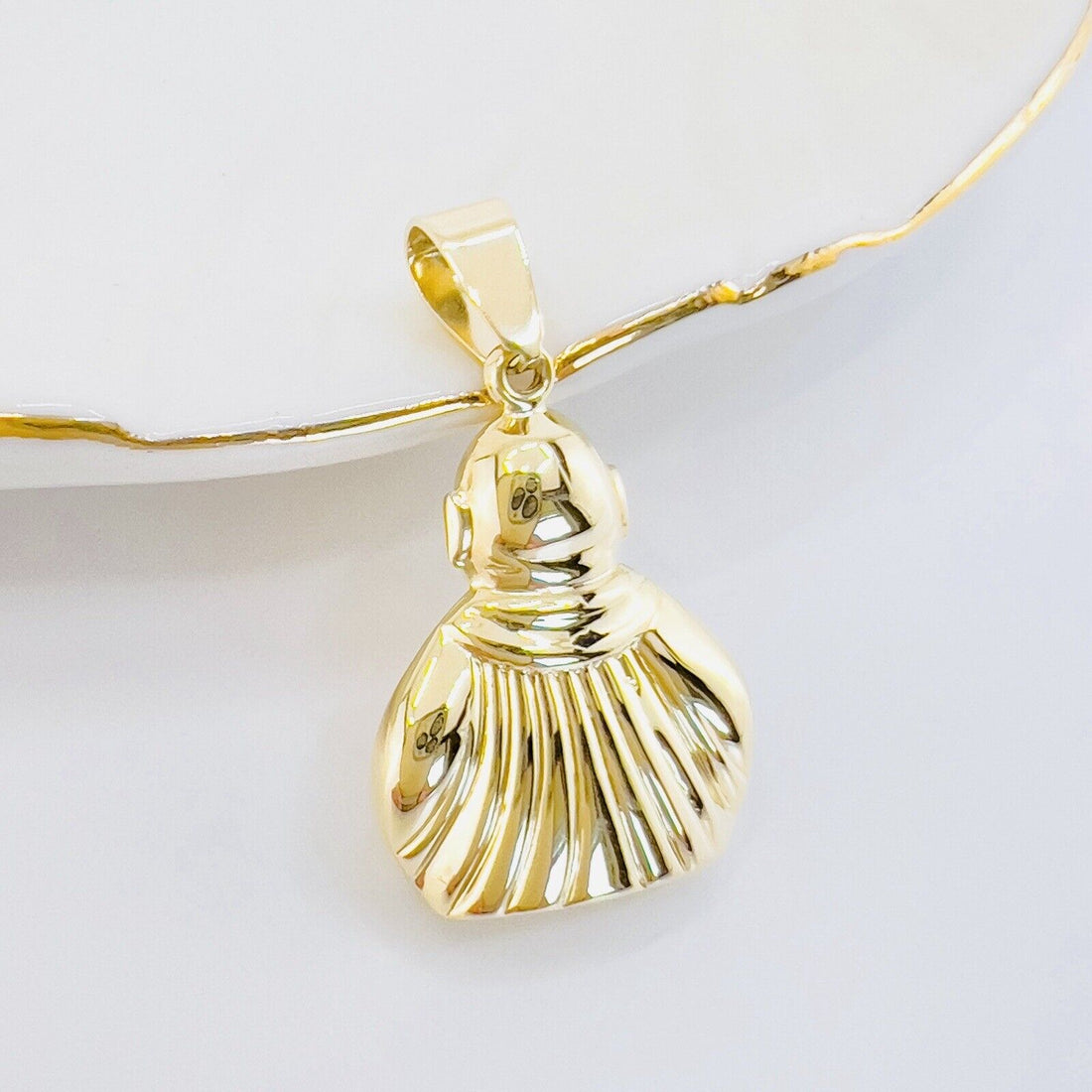14k Yellow Gold Puffy 3-D Buddha Pendant, New, 1.20"