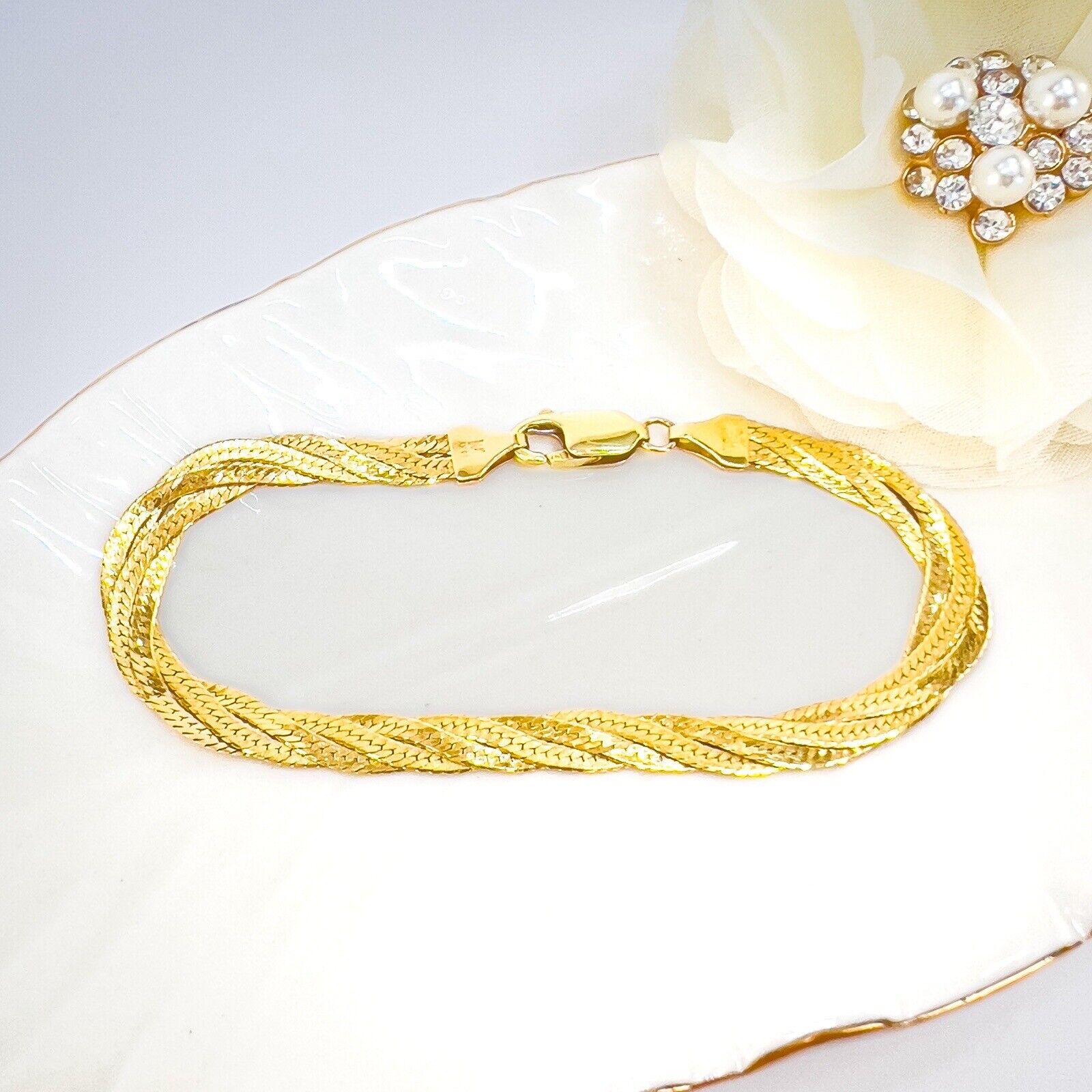 Solid 14k Yellow Gold Herringbone Flat Braided Bracelet, Italy 7.25"